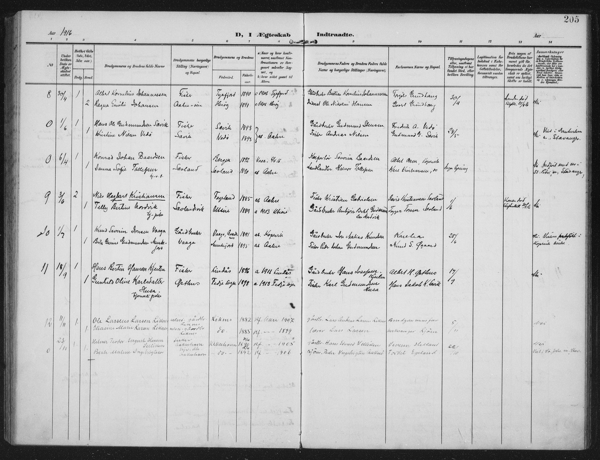 Kopervik sokneprestkontor, AV/SAST-A-101850/H/Ha/Haa/L0005: Parish register (official) no. A 5, 1906-1924, p. 205