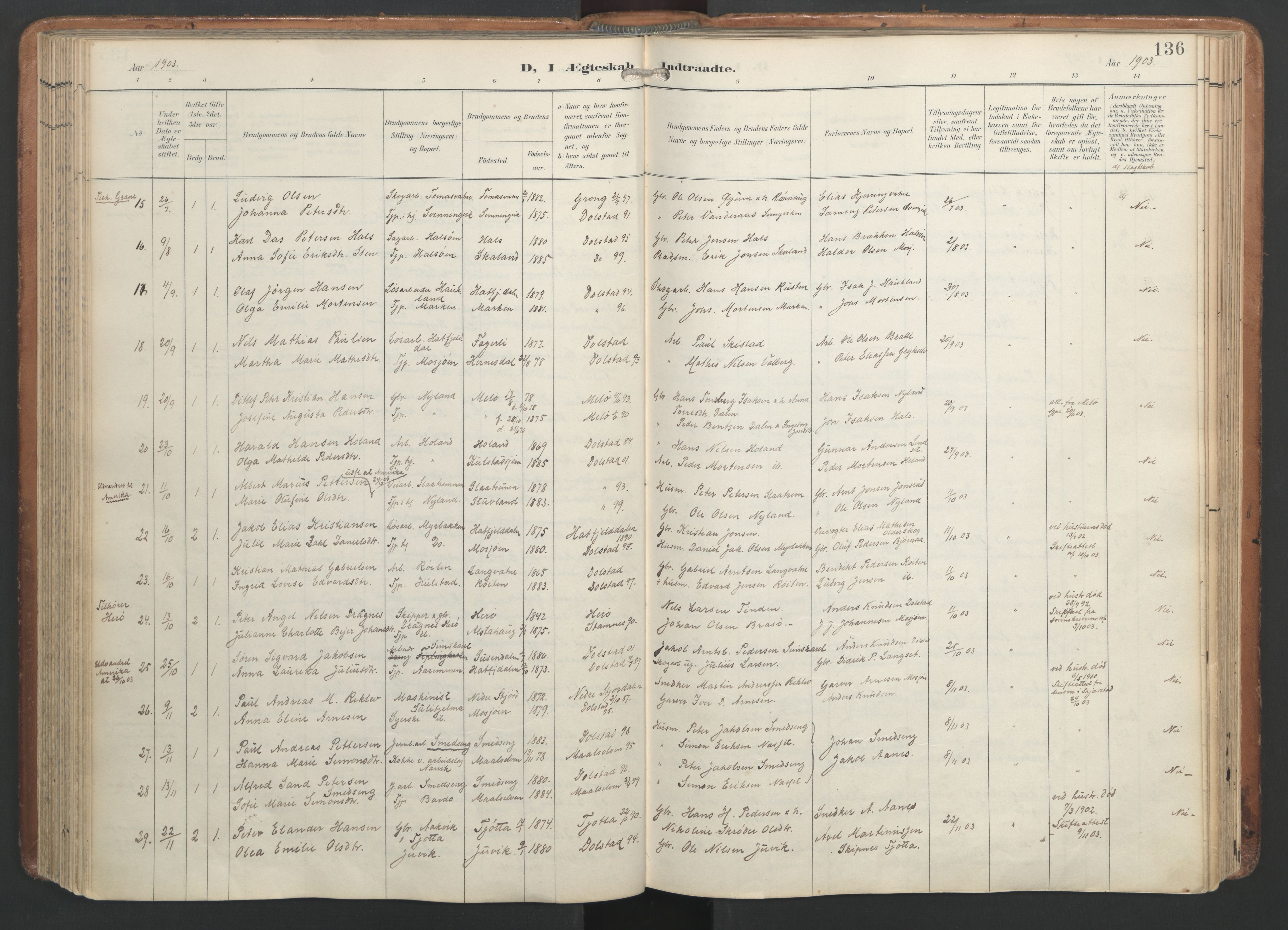 Ministerialprotokoller, klokkerbøker og fødselsregistre - Nordland, SAT/A-1459/820/L0298: Parish register (official) no. 820A19, 1897-1915, p. 136