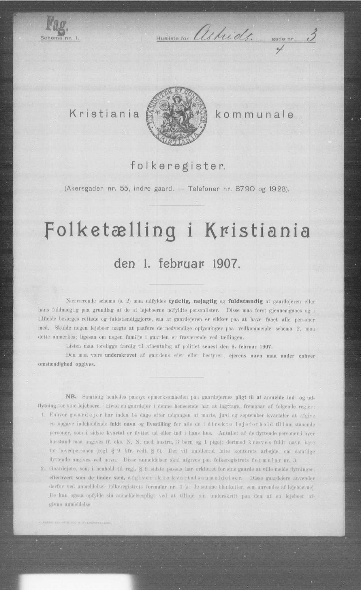 OBA, Municipal Census 1907 for Kristiania, 1907, p. 1333