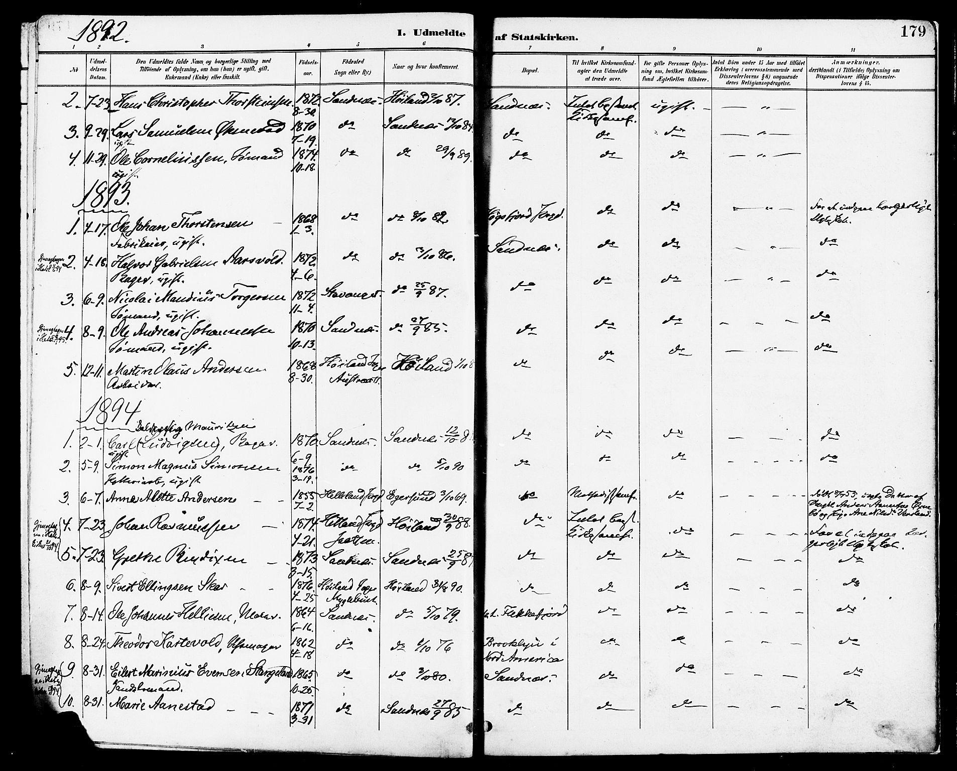 Høyland sokneprestkontor, SAST/A-101799/001/30BA/L0014: Parish register (official) no. A 12, 1890-1898, p. 179