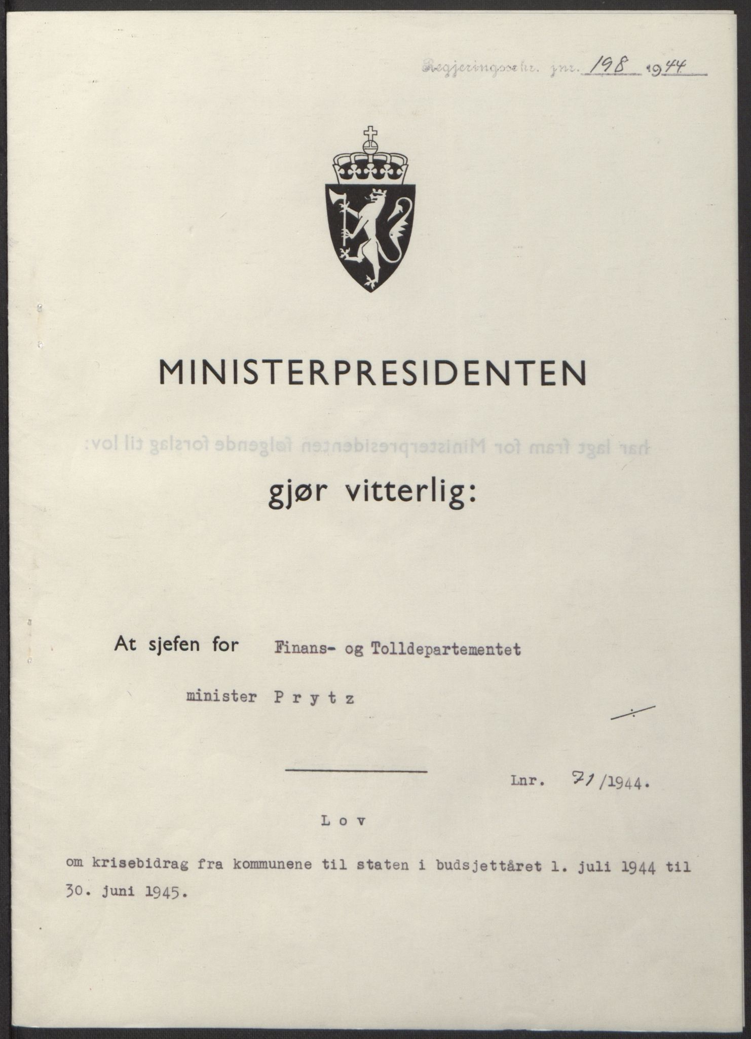 NS-administrasjonen 1940-1945 (Statsrådsekretariatet, de kommisariske statsråder mm), RA/S-4279/D/Db/L0100: Lover, 1944, p. 336