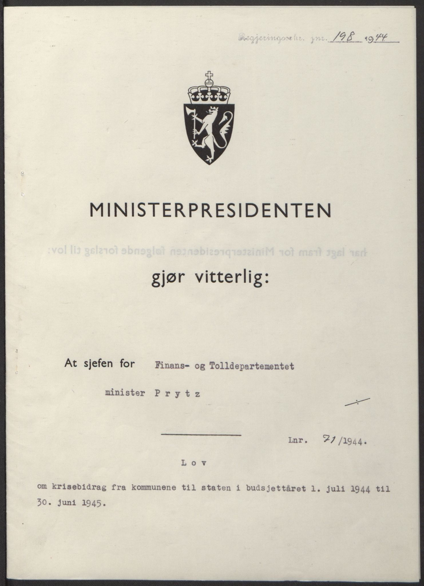 NS-administrasjonen 1940-1945 (Statsrådsekretariatet, de kommisariske statsråder mm), AV/RA-S-4279/D/Db/L0100: Lover, 1944, p. 336