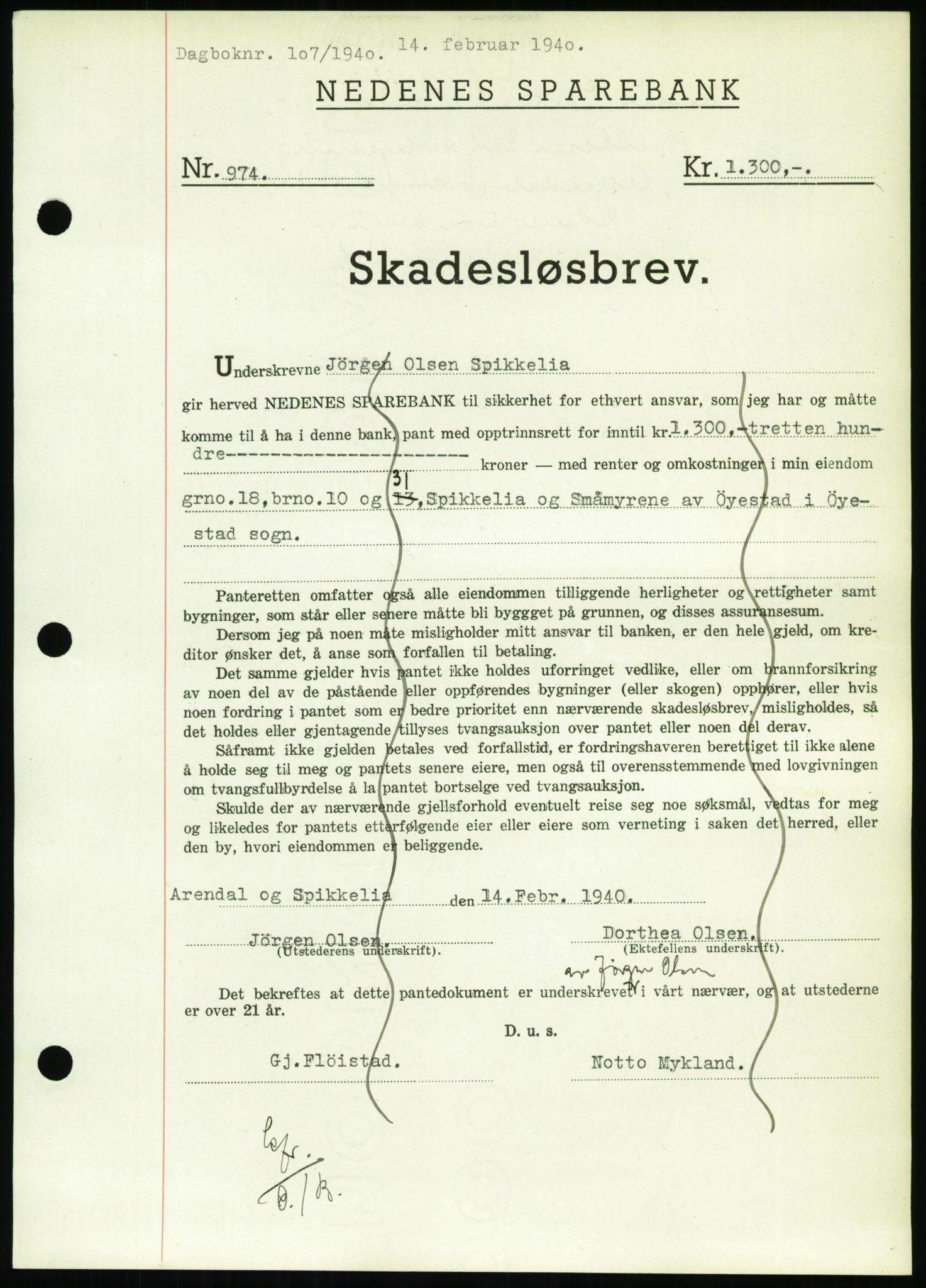 Nedenes sorenskriveri, AV/SAK-1221-0006/G/Gb/Gbb/L0001: Mortgage book no. I, 1939-1942, Diary no: : 107/1940