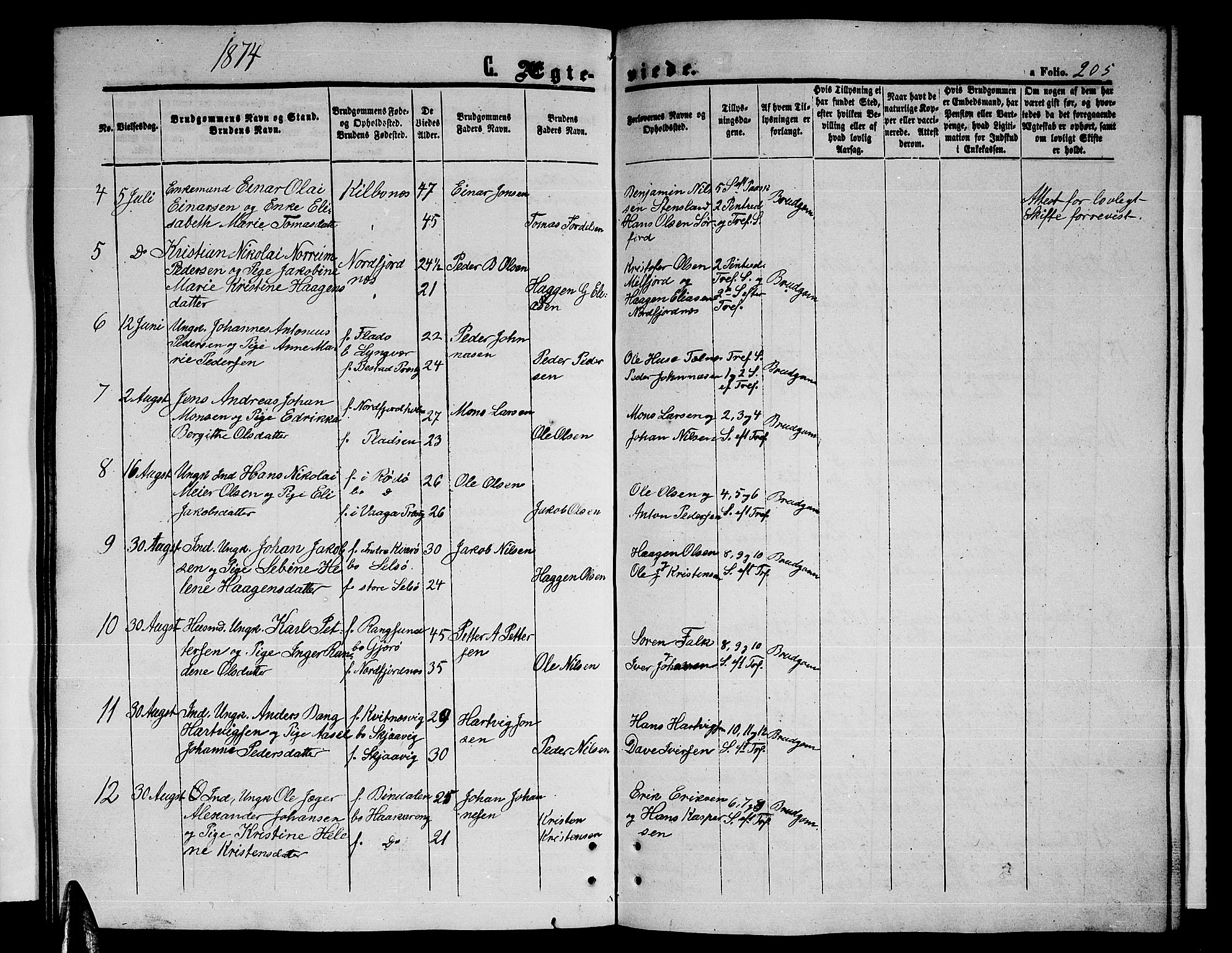 Ministerialprotokoller, klokkerbøker og fødselsregistre - Nordland, AV/SAT-A-1459/841/L0619: Parish register (copy) no. 841C03, 1856-1876, p. 205