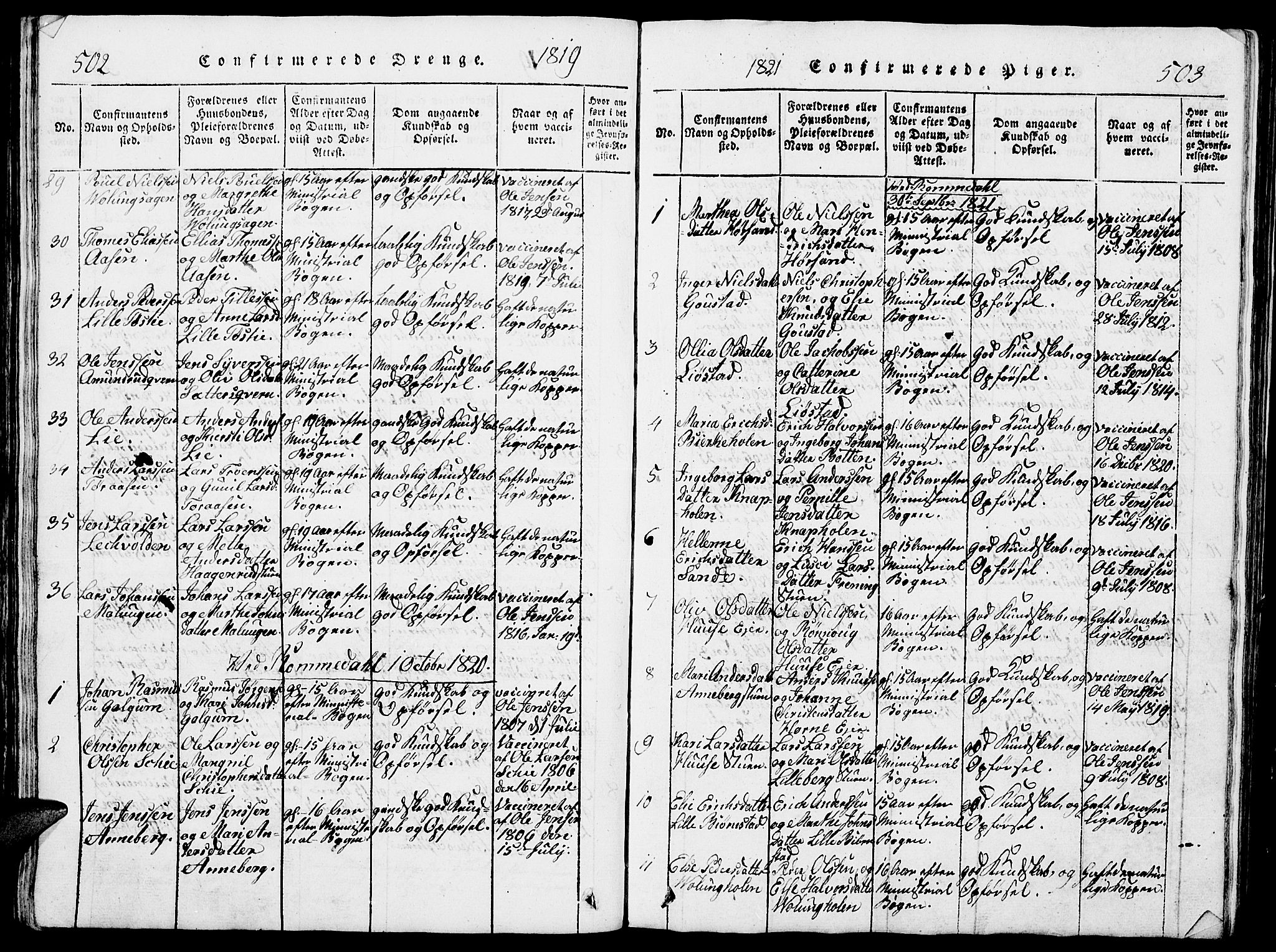 Romedal prestekontor, SAH/PREST-004/L/L0005: Parish register (copy) no. 5, 1814-1829, p. 502-503