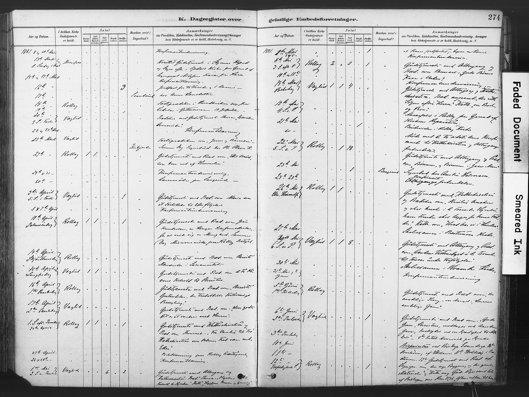 Rollag kirkebøker, AV/SAKO-A-240/F/Fa/L0011: Parish register (official) no. I 11, 1878-1902, p. 274