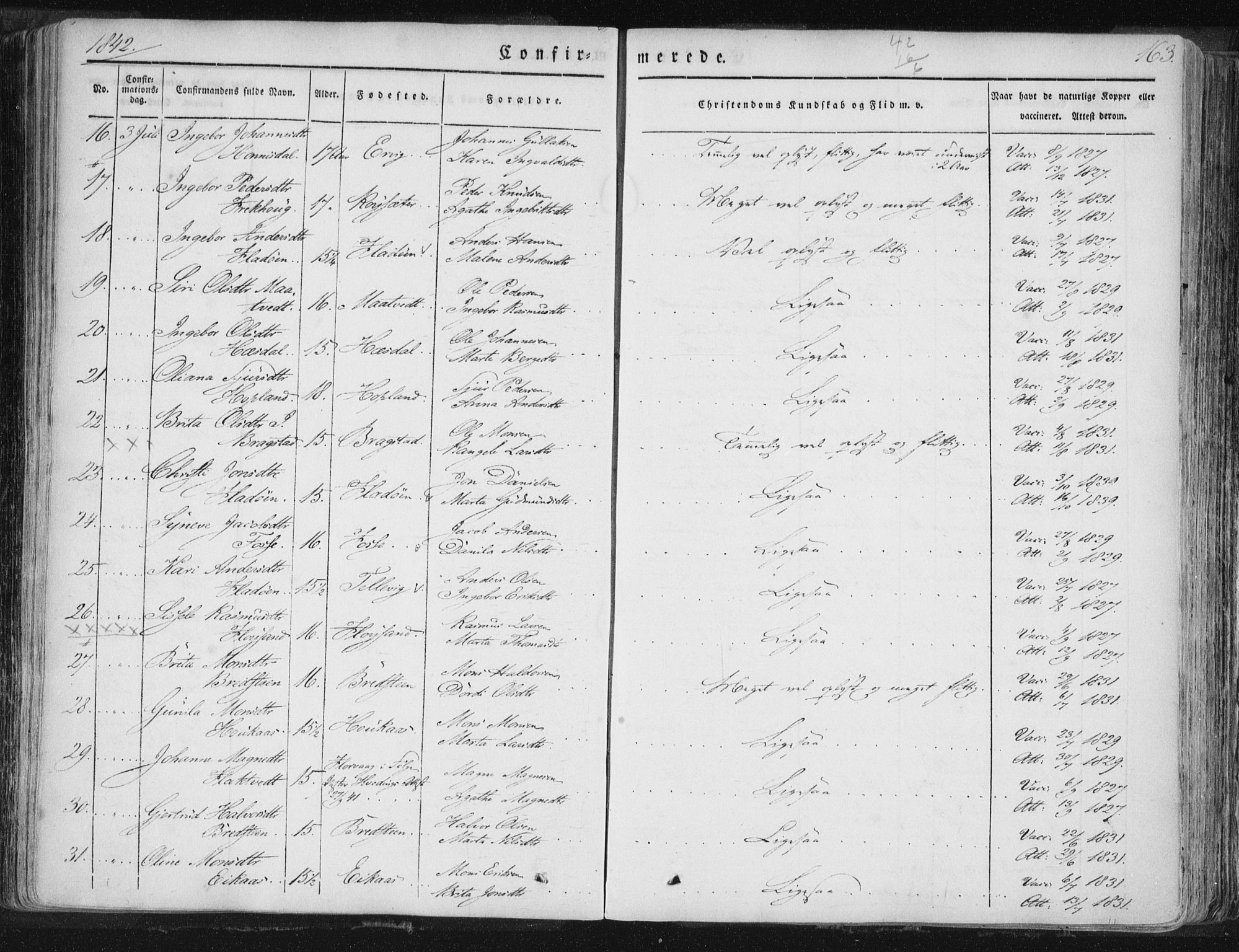 Hamre sokneprestembete, AV/SAB-A-75501/H/Ha/Haa/Haaa/L0012: Parish register (official) no. A 12, 1834-1845, p. 163