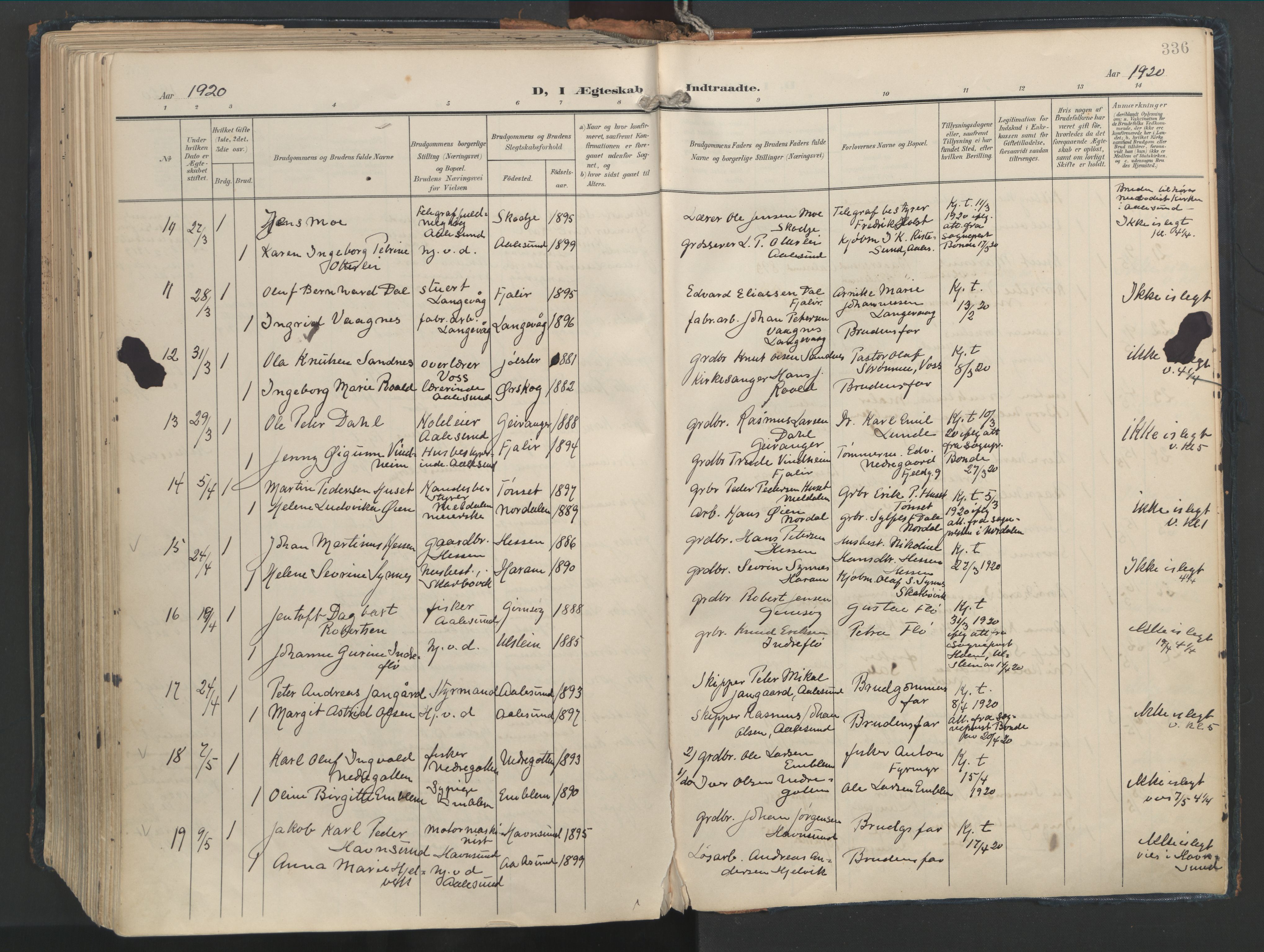 Ministerialprotokoller, klokkerbøker og fødselsregistre - Møre og Romsdal, SAT/A-1454/528/L0411: Parish register (official) no. 528A20, 1907-1920, p. 336