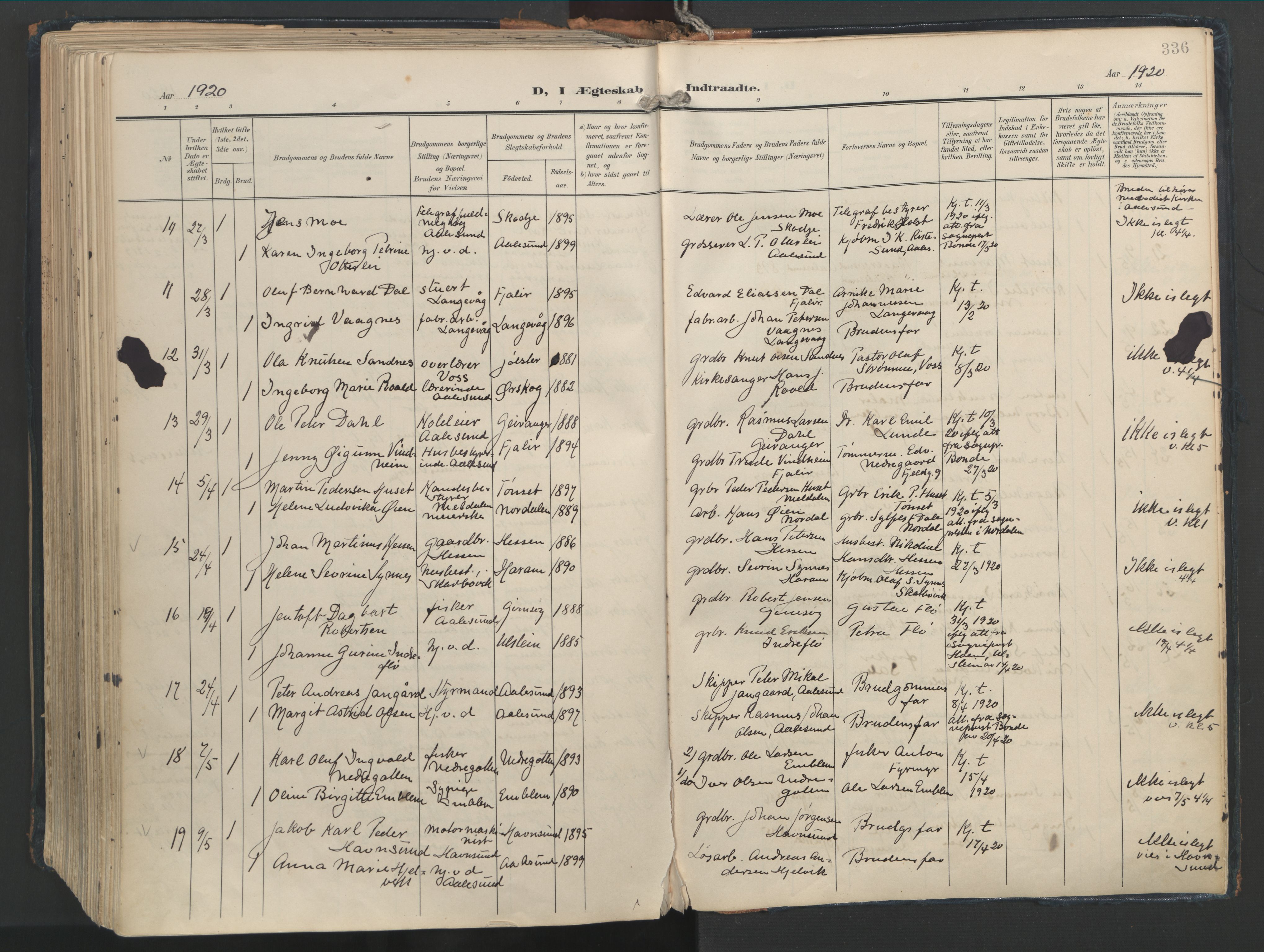 Ministerialprotokoller, klokkerbøker og fødselsregistre - Møre og Romsdal, AV/SAT-A-1454/528/L0411: Parish register (official) no. 528A20, 1907-1920, p. 336