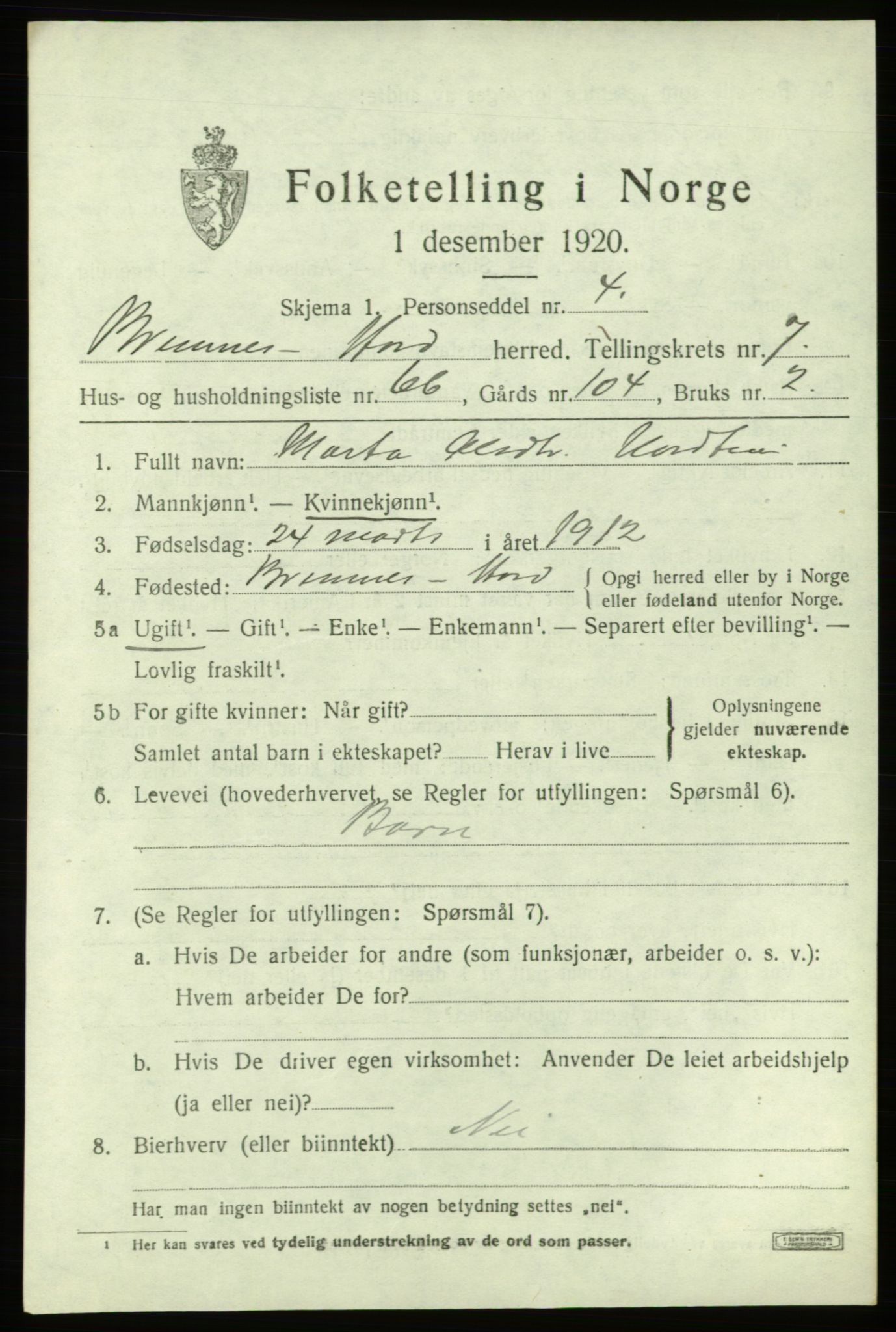 SAB, 1920 census for Bremnes, 1920, p. 4890