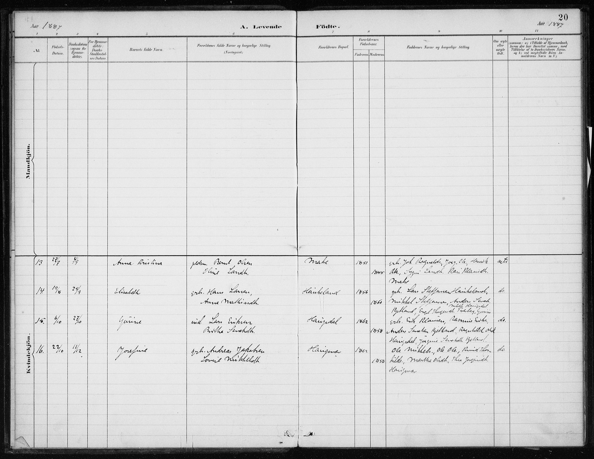 Masfjorden Sokneprestembete, AV/SAB-A-77001: Parish register (official) no. C  1, 1882-1896, p. 20