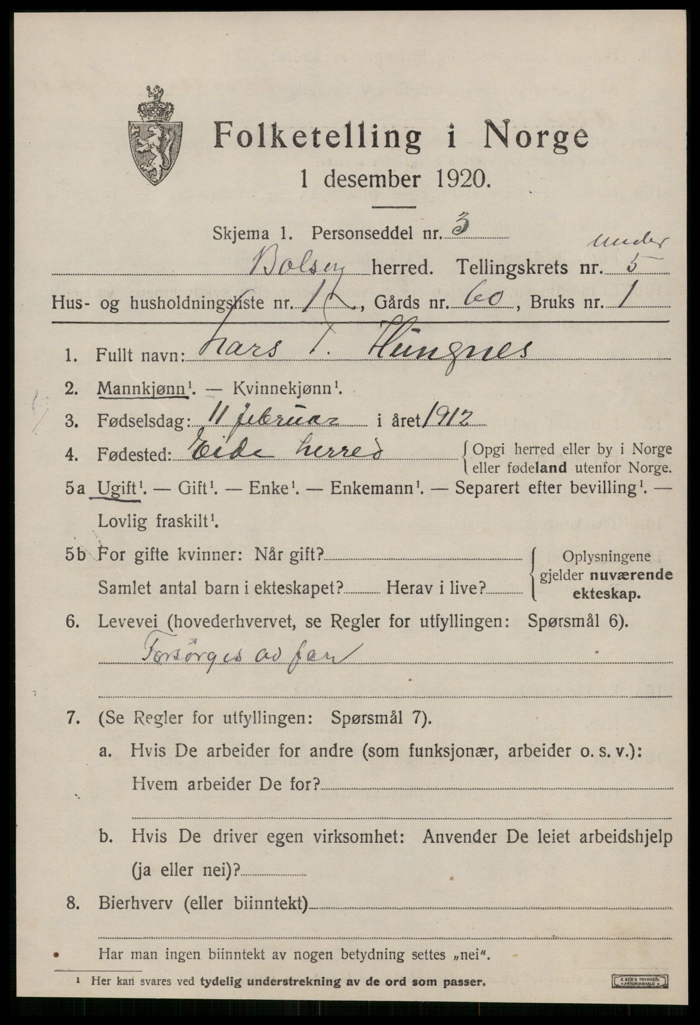 SAT, 1920 census for Bolsøy, 1920, p. 7151