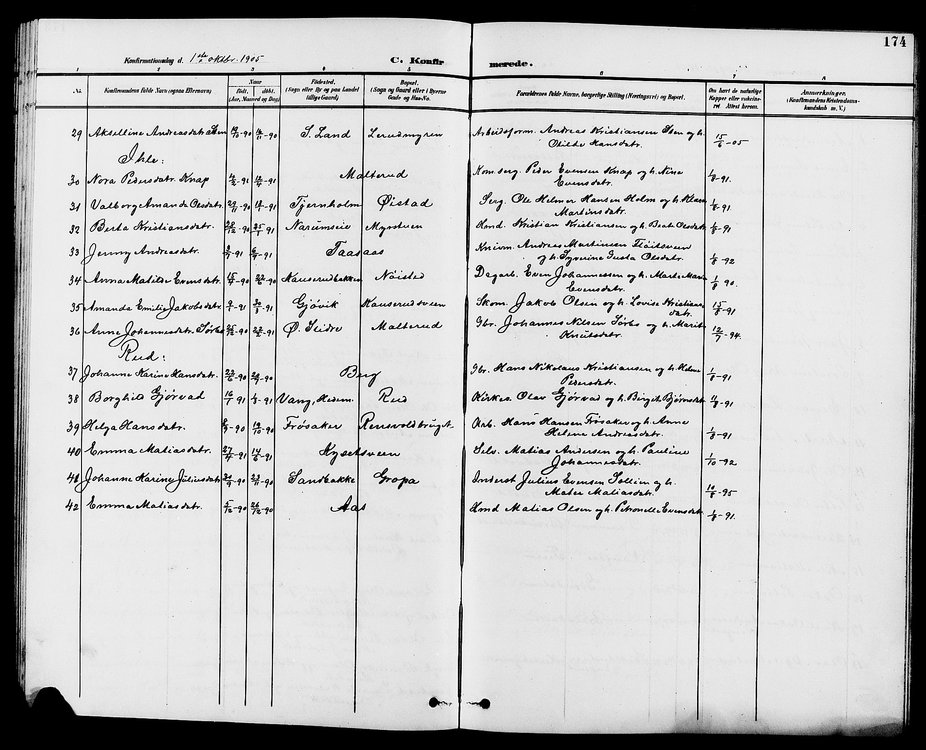 Vestre Toten prestekontor, SAH/PREST-108/H/Ha/Hab/L0010: Parish register (copy) no. 10, 1900-1912, p. 174