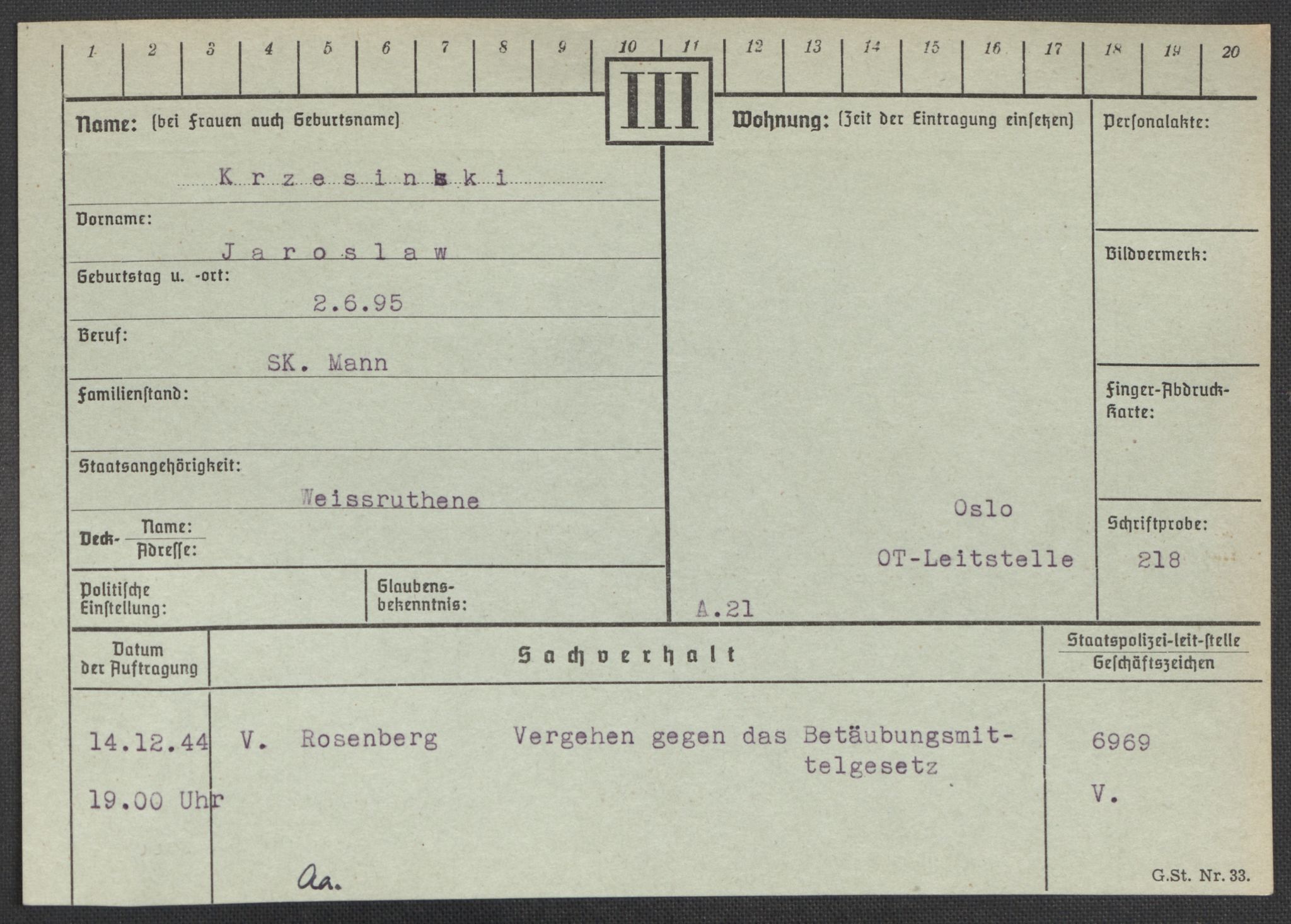 Befehlshaber der Sicherheitspolizei und des SD, RA/RAFA-5969/E/Ea/Eaa/L0006: Register over norske fanger i Møllergata 19: Kj-Lund, 1940-1945, p. 518