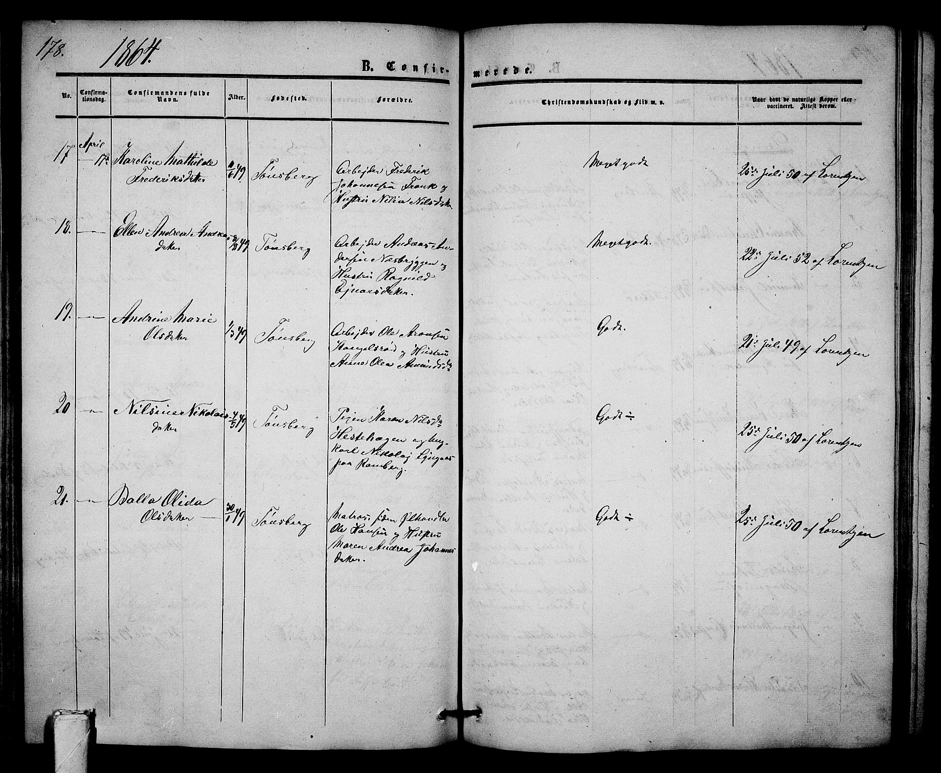 Tønsberg kirkebøker, AV/SAKO-A-330/G/Ga/L0003: Parish register (copy) no. 3, 1855-1864, p. 178