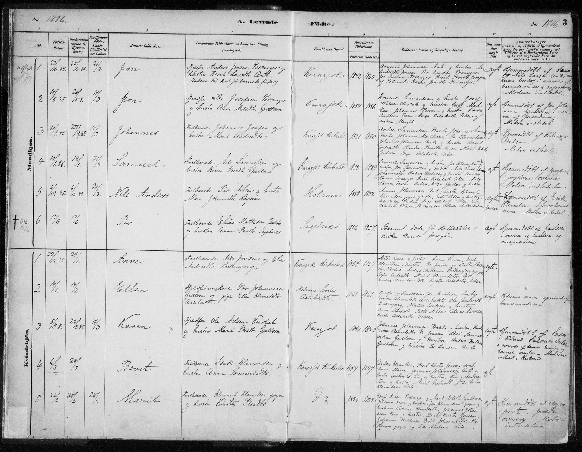 Karasjok sokneprestkontor, SATØ/S-1352/H/Ha/L0002kirke: Parish register (official) no. 2, 1885-1906, p. 3