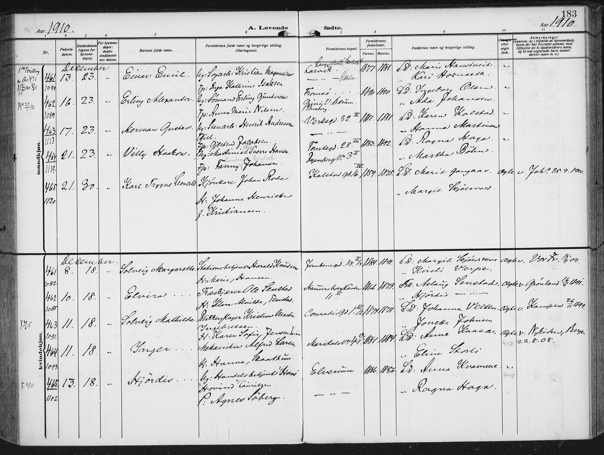 Rikshospitalet prestekontor Kirkebøker, AV/SAO-A-10309b/F/L0014: Parish register (official) no. 14, 1909-1912, p. 183