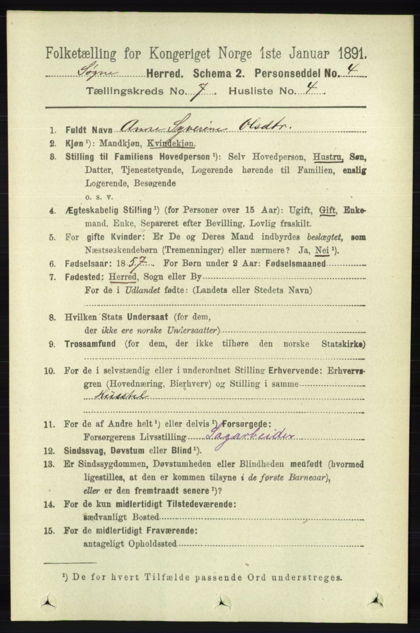 RA, 1891 census for 1018 Søgne, 1891, p. 1557