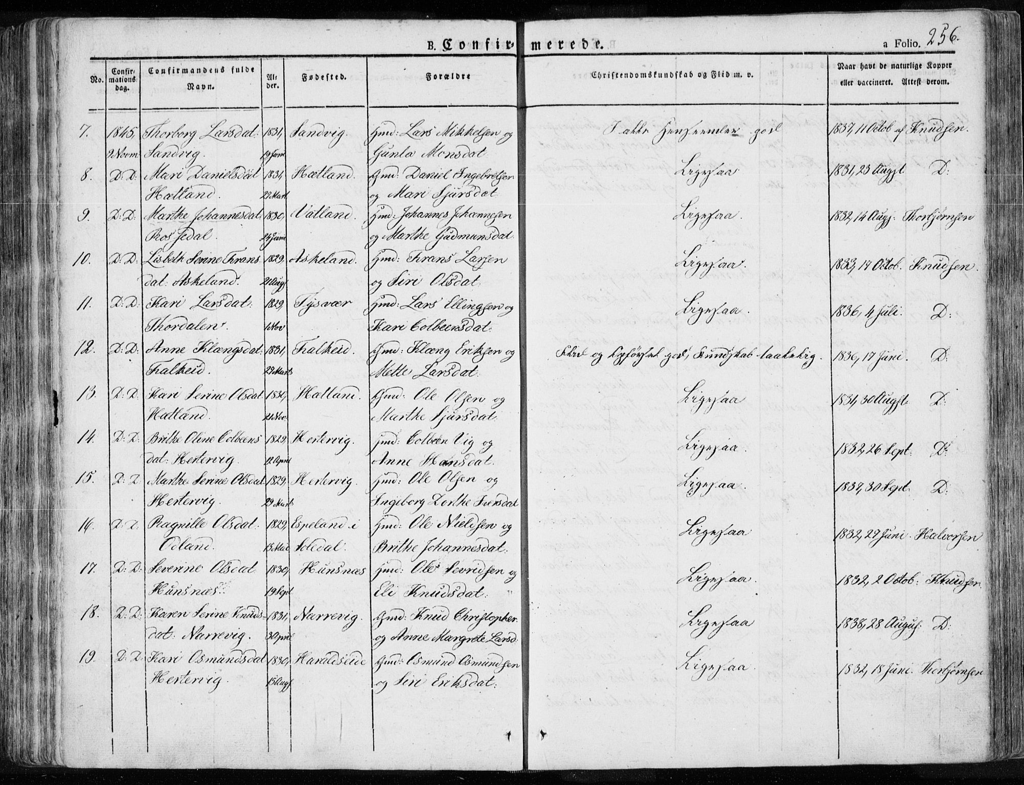 Tysvær sokneprestkontor, AV/SAST-A -101864/H/Ha/Haa/L0001: Parish register (official) no. A 1.1, 1831-1856, p. 256