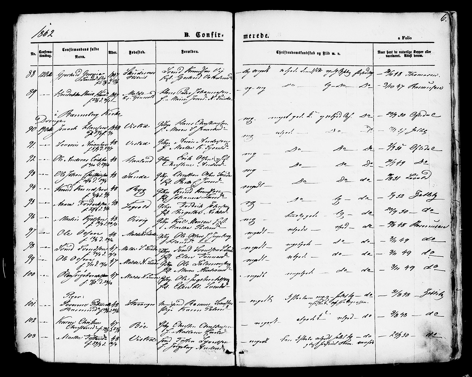 Hetland sokneprestkontor, AV/SAST-A-101826/30/30BA/L0004: Parish register (official) no. A 4, 1862-1881, p. 6