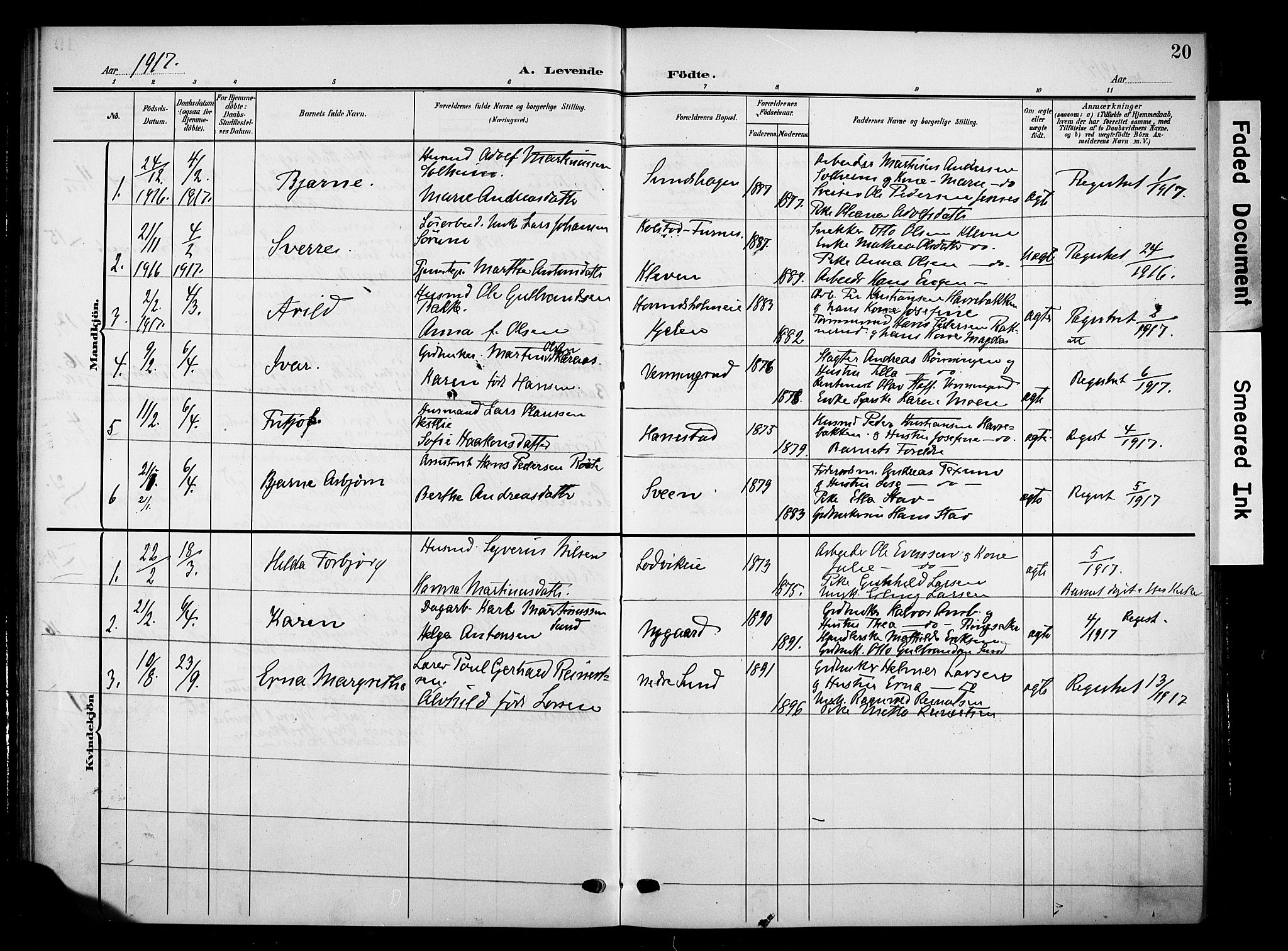 Nes prestekontor, Hedmark, AV/SAH-PREST-020/K/Ka/L0012: Parish register (official) no. 12, 1906-1920, p. 20