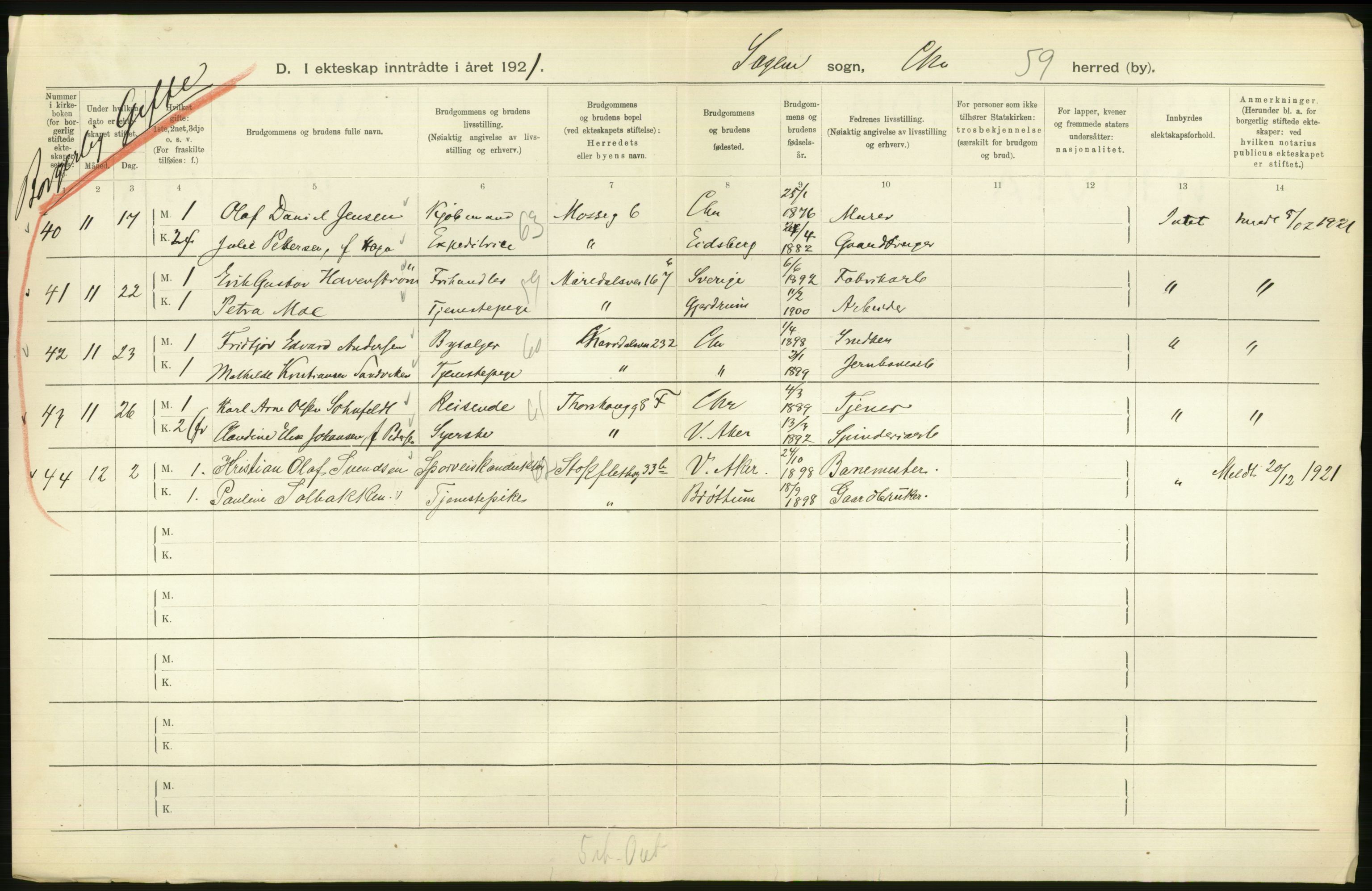 Statistisk sentralbyrå, Sosiodemografiske emner, Befolkning, AV/RA-S-2228/D/Df/Dfc/Dfca/L0011: Kristiania: Gifte, 1921, p. 412