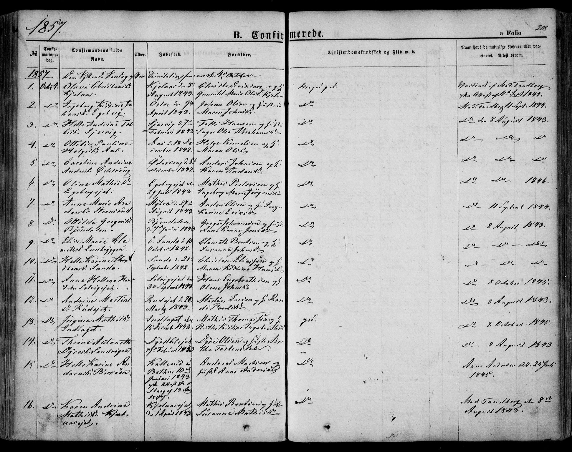 Sande Kirkebøker, SAKO/A-53/F/Fa/L0004: Parish register (official) no. 4, 1847-1864, p. 208