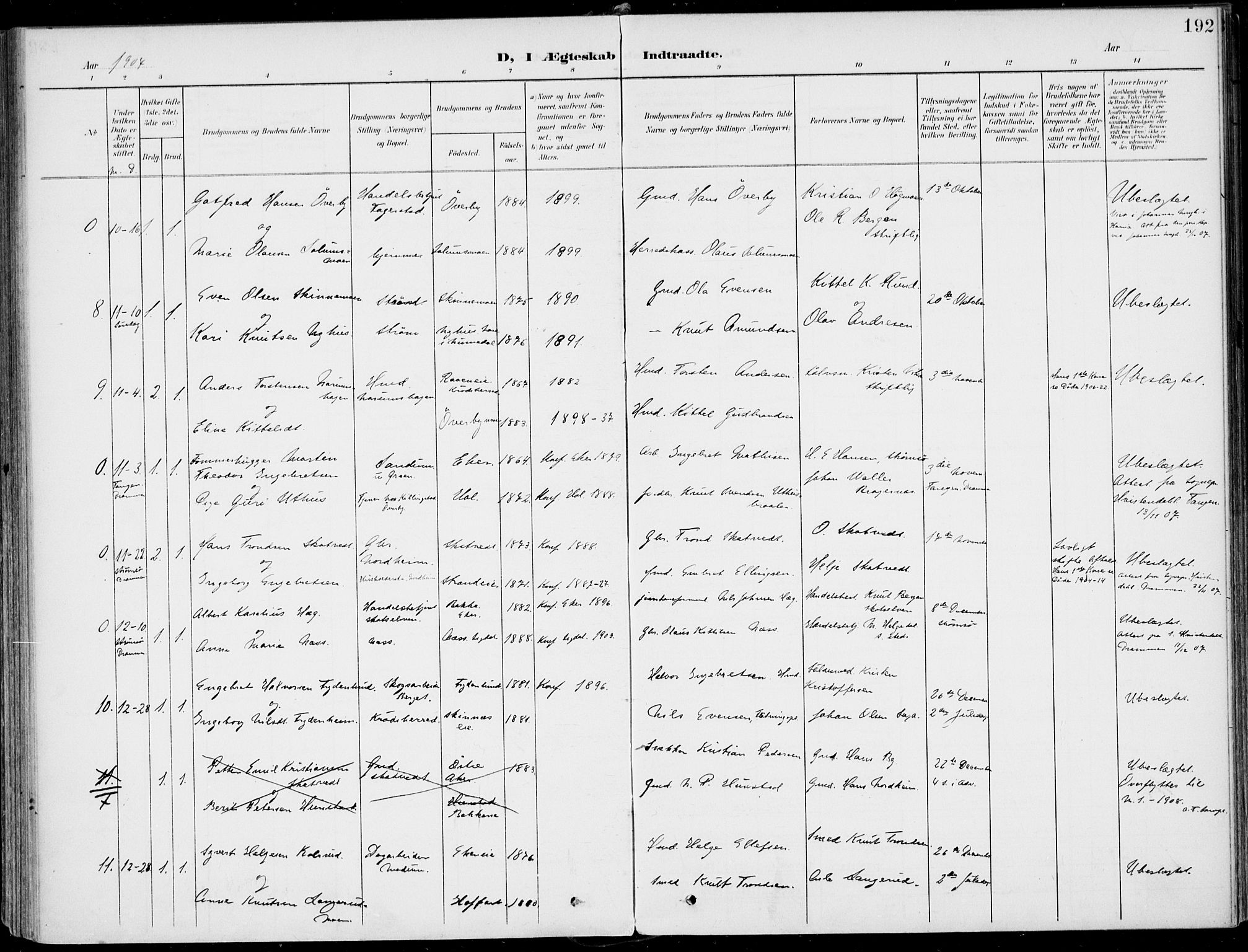 Sigdal kirkebøker, AV/SAKO-A-245/F/Fb/L0002: Parish register (official) no. II 2, 1901-1914, p. 192