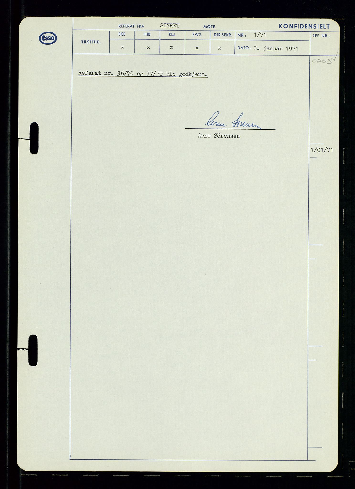 Pa 0982 - Esso Norge A/S, AV/SAST-A-100448/A/Aa/L0003/0002: Den administrerende direksjon Board minutes (styrereferater) og Bedriftforsamlingsprotokoll / Den administrerende direksjon Board minutes (styrereferater), 1970-1974, p. 167