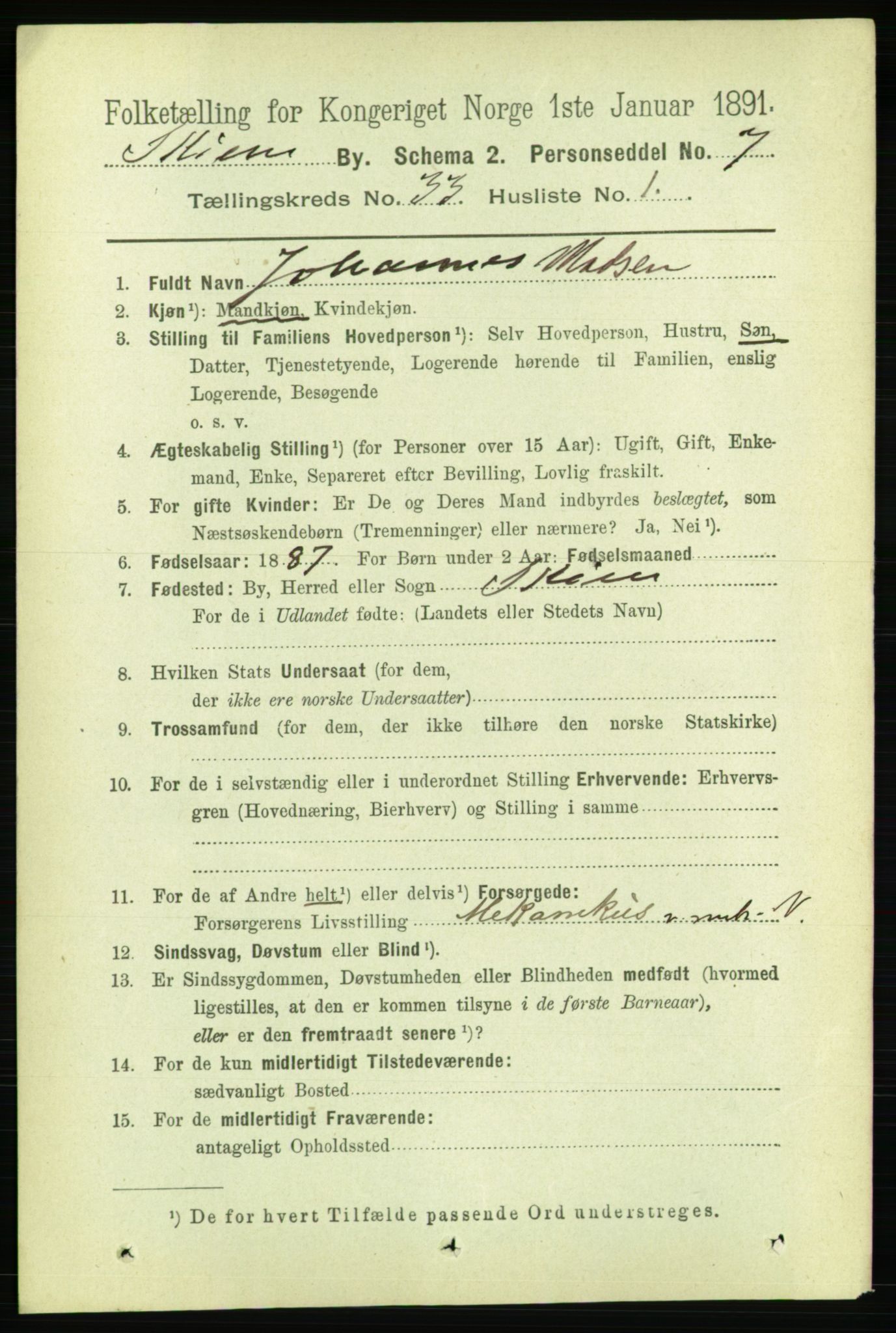 RA, 1891 census for 0806 Skien, 1891, p. 7497