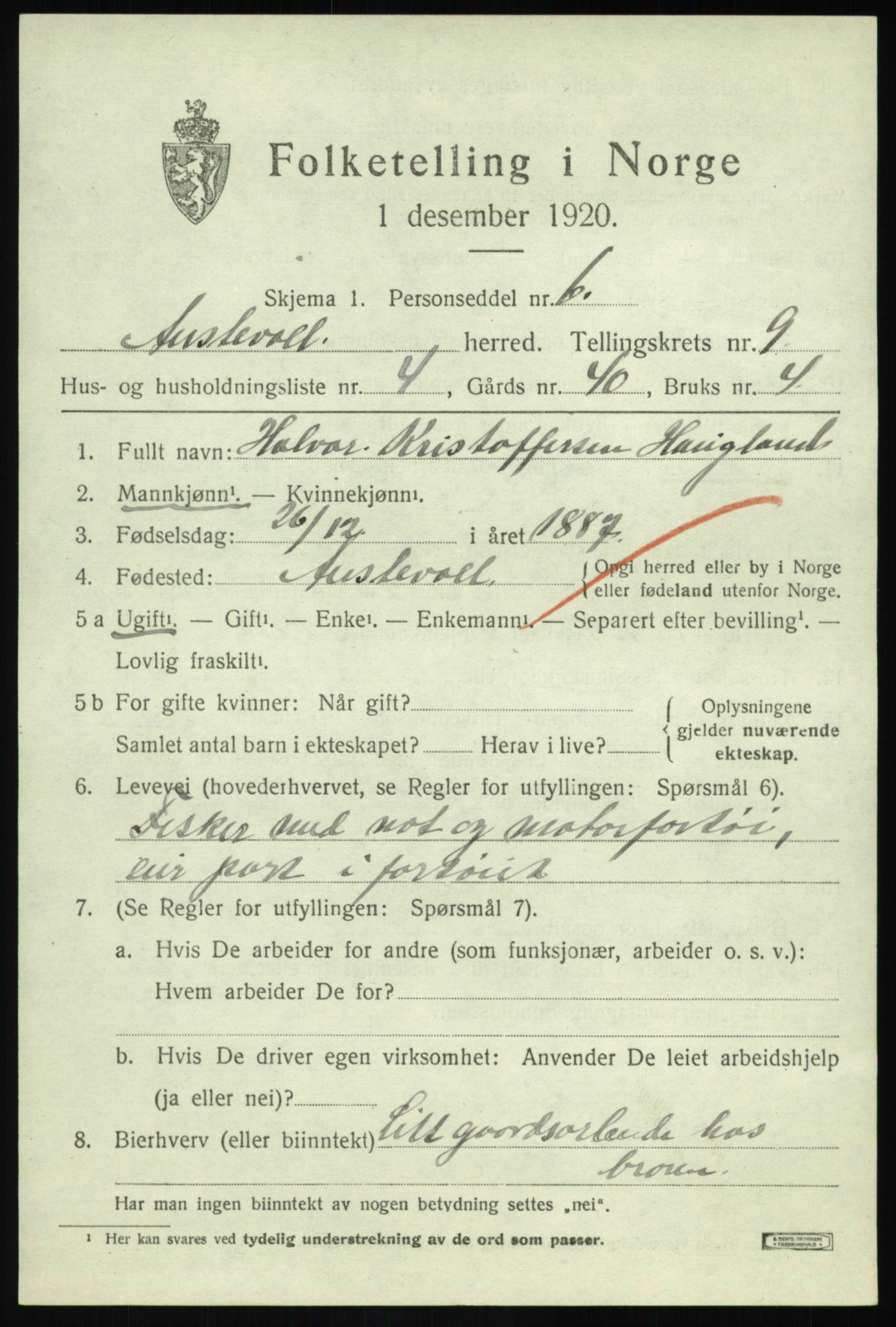 SAB, 1920 census for Austevoll, 1920, p. 4796