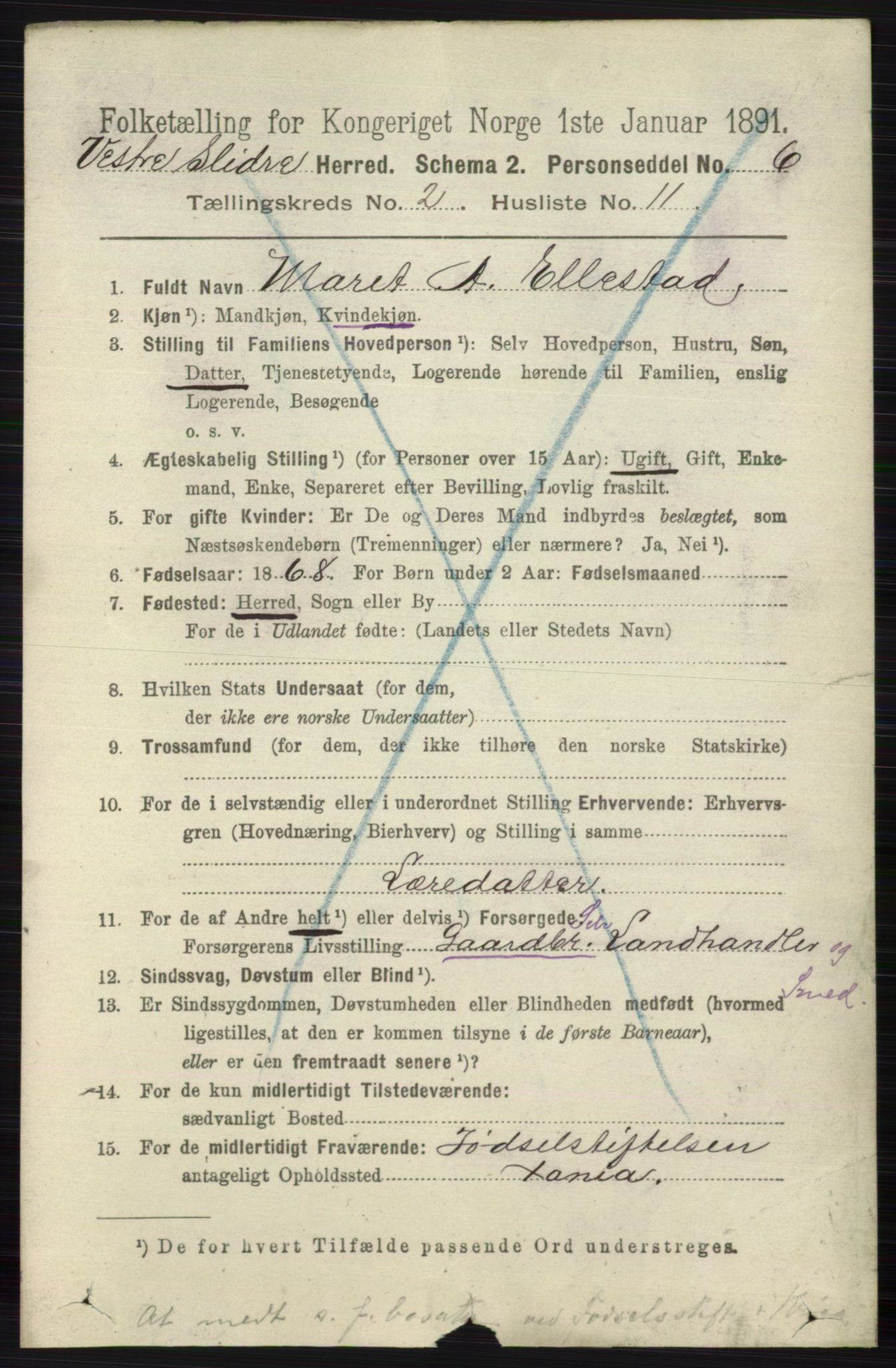 RA, 1891 census for 0543 Vestre Slidre, 1891, p. 590