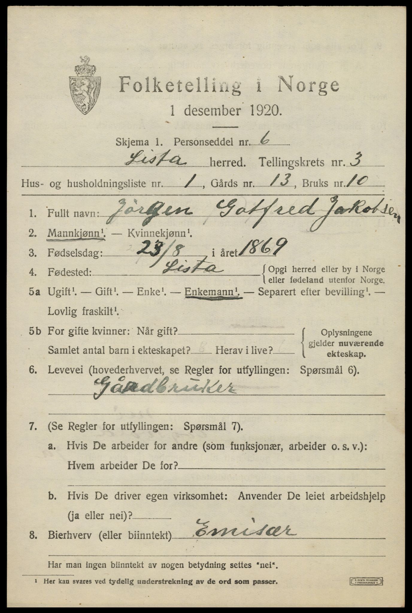 SAK, 1920 census for Lista, 1920, p. 4427