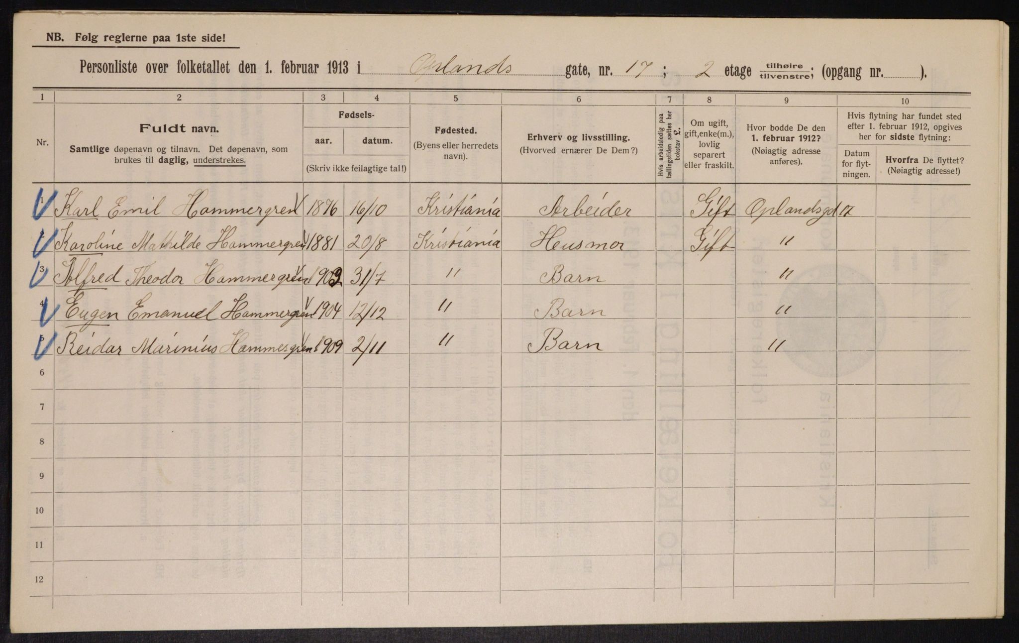 OBA, Municipal Census 1913 for Kristiania, 1913, p. 76014