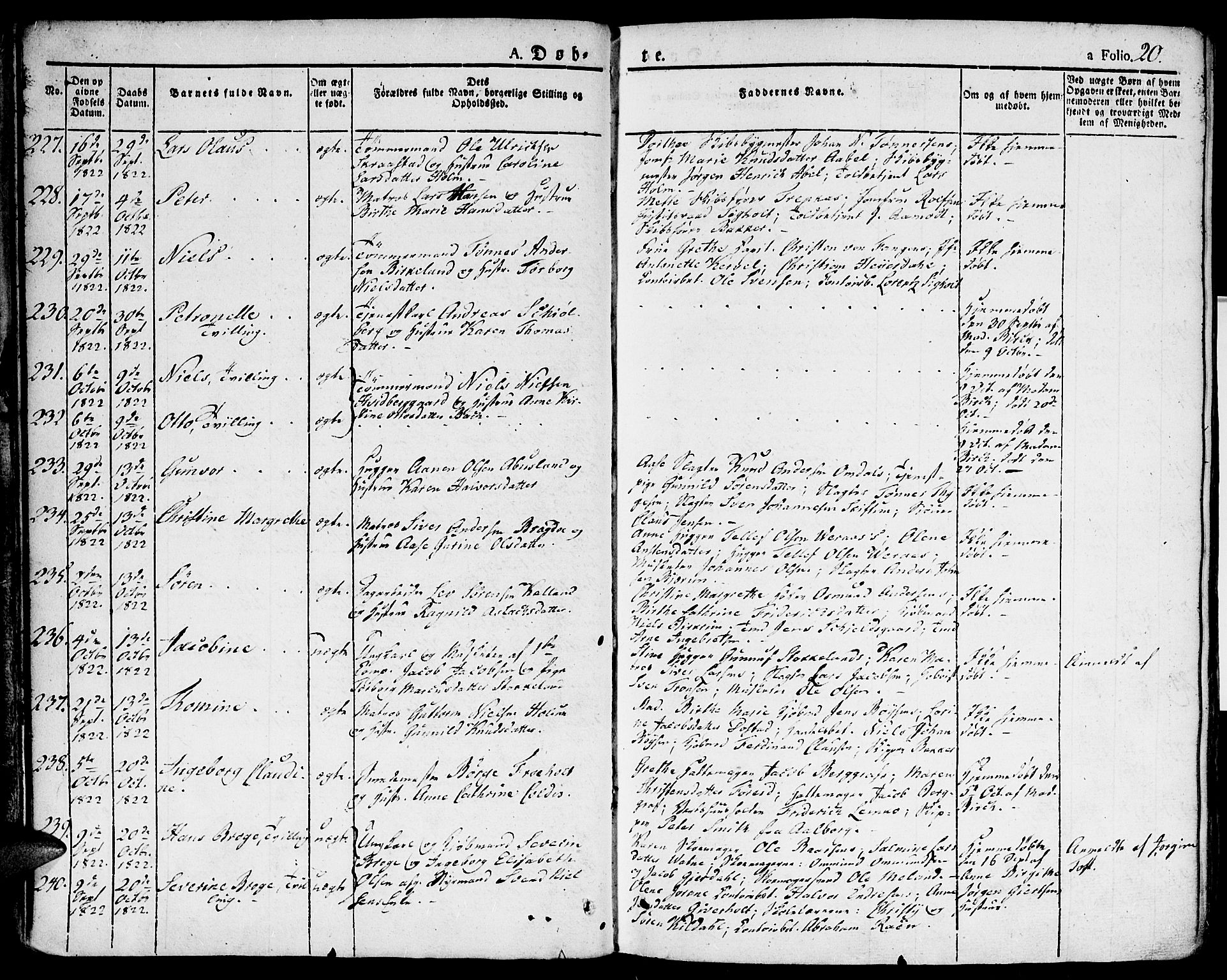 Kristiansand domprosti, SAK/1112-0006/F/Fa/L0009: Parish register (official) no. A 9, 1821-1827, p. 20