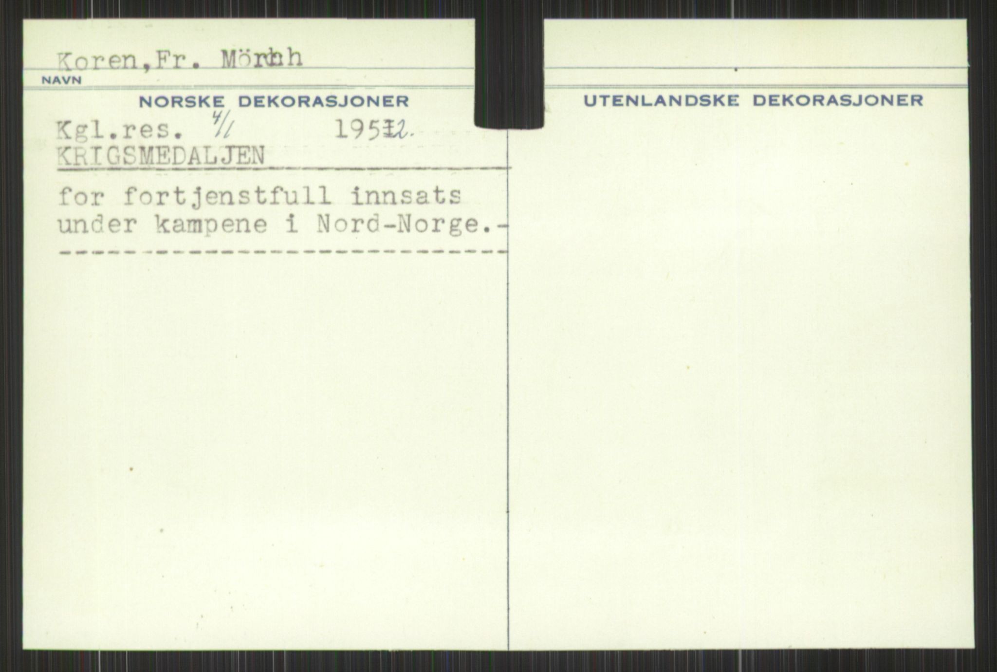 Forsvaret, Krigsdekorasjonskanselliet, AV/RA-RAFA-5156/G/Gd/L0001: Diverse registre, 1944-1956, p. 609