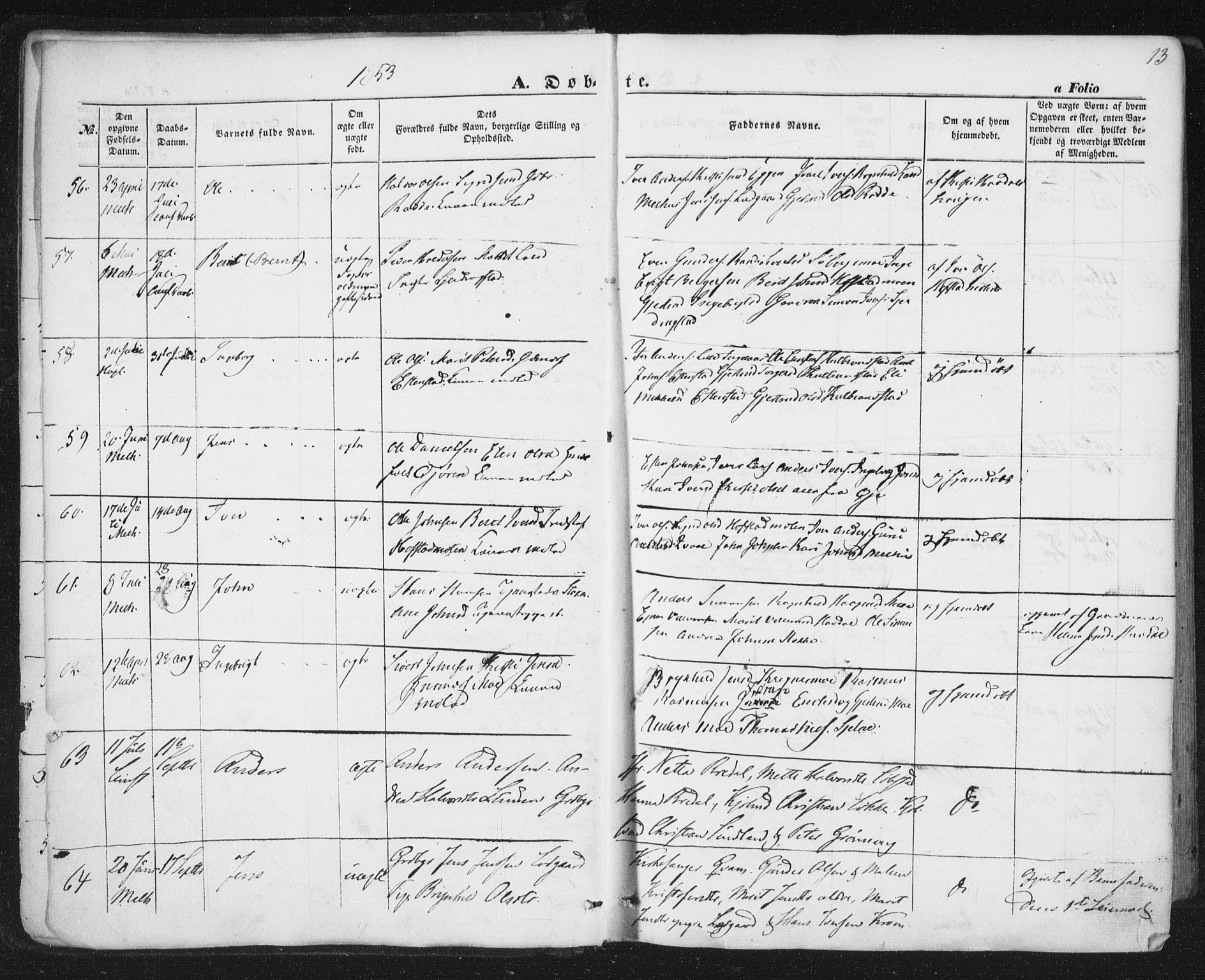 Ministerialprotokoller, klokkerbøker og fødselsregistre - Sør-Trøndelag, AV/SAT-A-1456/691/L1076: Parish register (official) no. 691A08, 1852-1861, p. 13