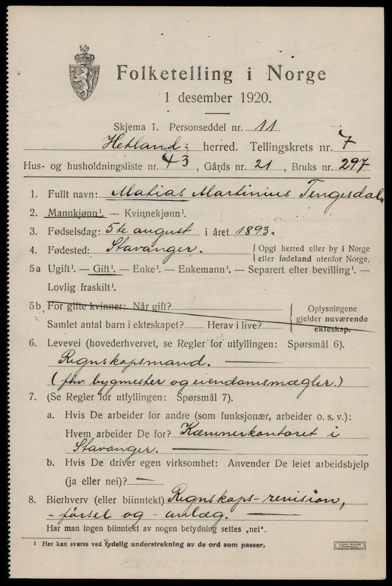 SAST, 1920 census for Hetland, 1920, p. 14451