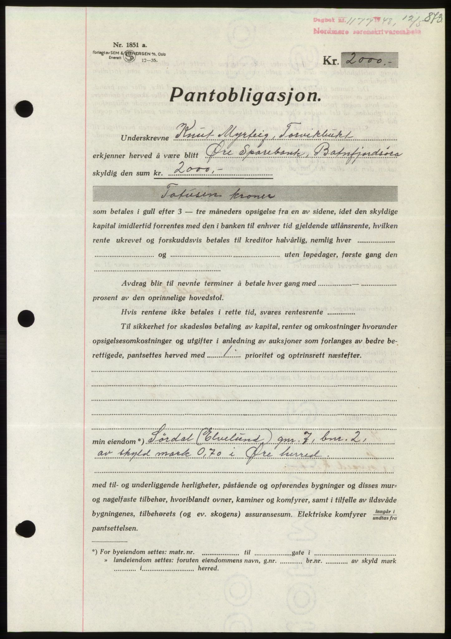 Nordmøre sorenskriveri, AV/SAT-A-4132/1/2/2Ca: Mortgage book no. B98, 1948-1948, Diary no: : 1177/1948