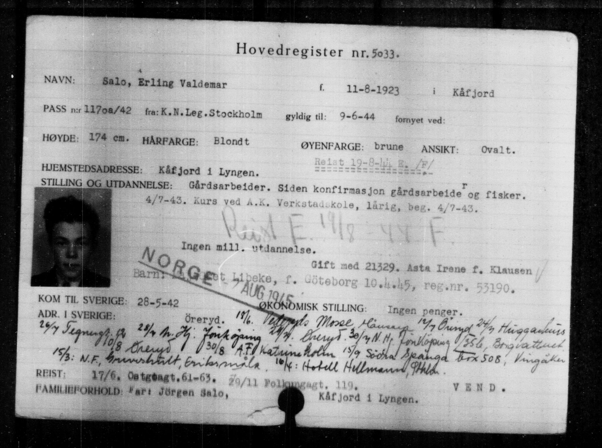 Utenriksstasjonene, Legasjonen i Stockholm, Flyktningkontoret, AV/RA-S-6753/V/Va/L0004: Kjesäterkartoteket, flyktninger med registreringsnr. 3496-6610, 1940-1945, p. 1821