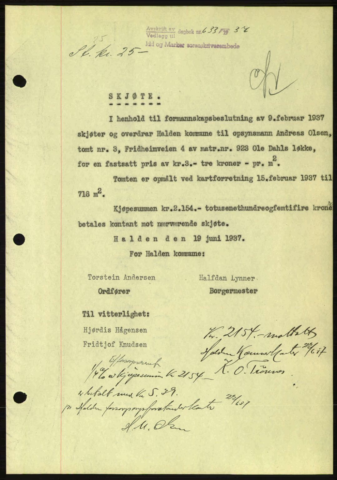 Idd og Marker sorenskriveri, AV/SAO-A-10283/G/Gb/Gbb/L0002: Mortgage book no. A2, 1937-1938, Diary no: : 633/1937