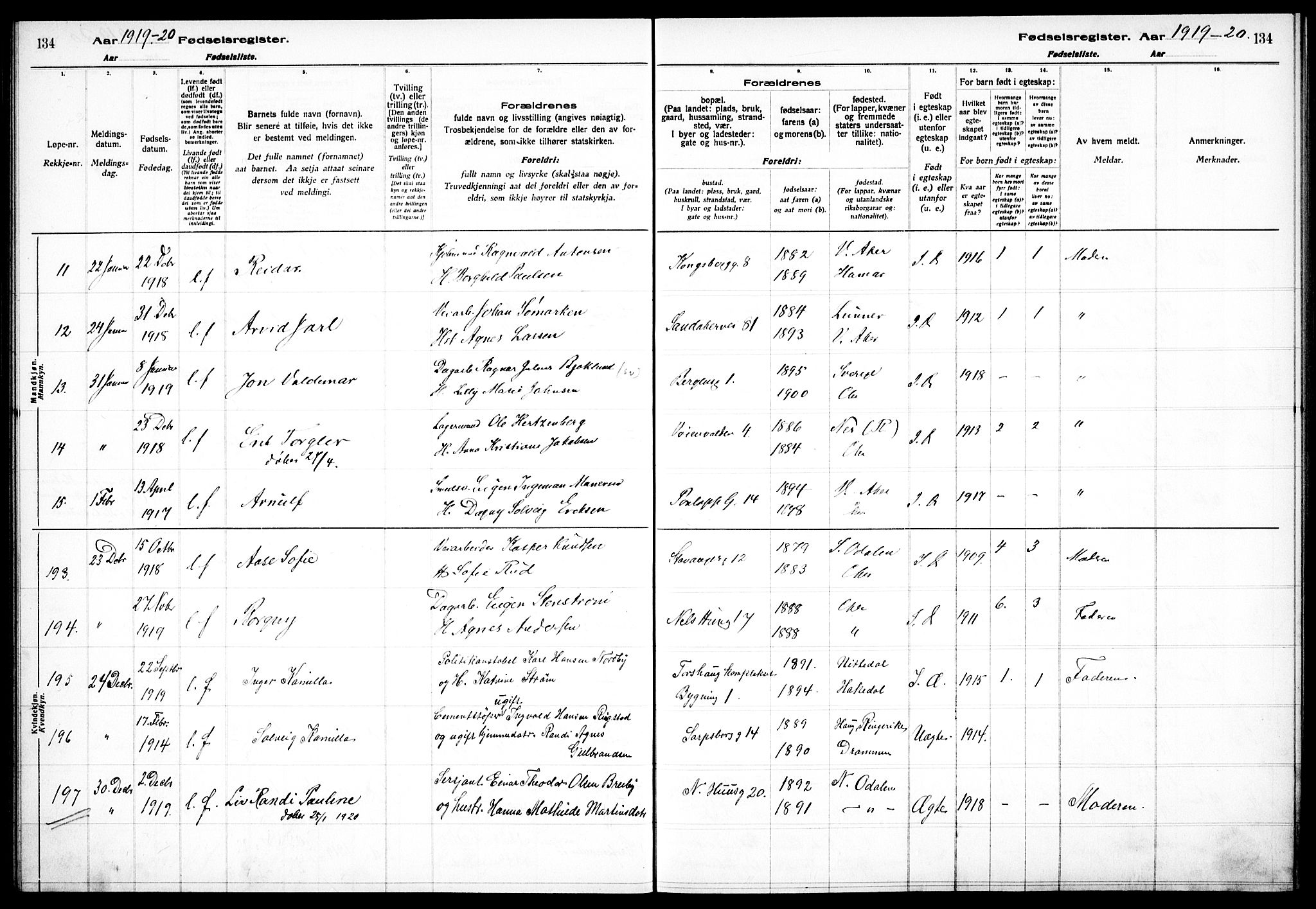 Sagene prestekontor Kirkebøker, SAO/A-10796/J/L0001: Birth register no. 1, 1916-1920, p. 134