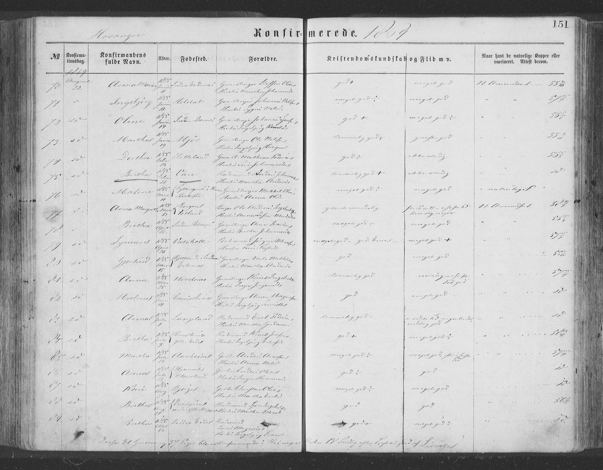 Hosanger sokneprestembete, SAB/A-75801/H/Haa: Parish register (official) no. A 9, 1864-1876, p. 151