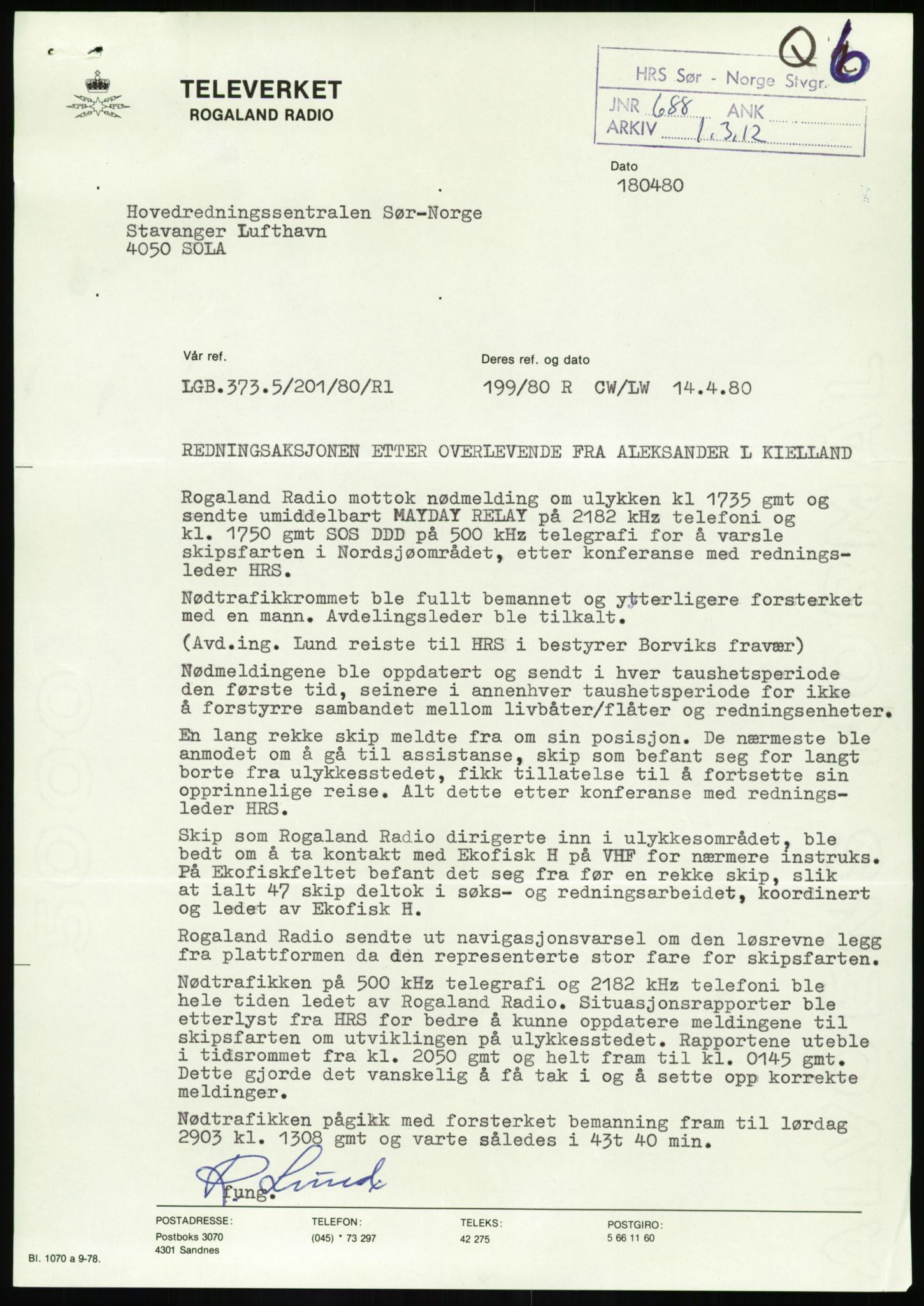 Justisdepartementet, Granskningskommisjonen ved Alexander Kielland-ulykken 27.3.1980, RA/S-1165/D/L0017: P Hjelpefartøy (Doku.liste + P1-P6 av 6)/Q Hovedredningssentralen (Q0-Q27 av 27), 1980-1981, p. 254
