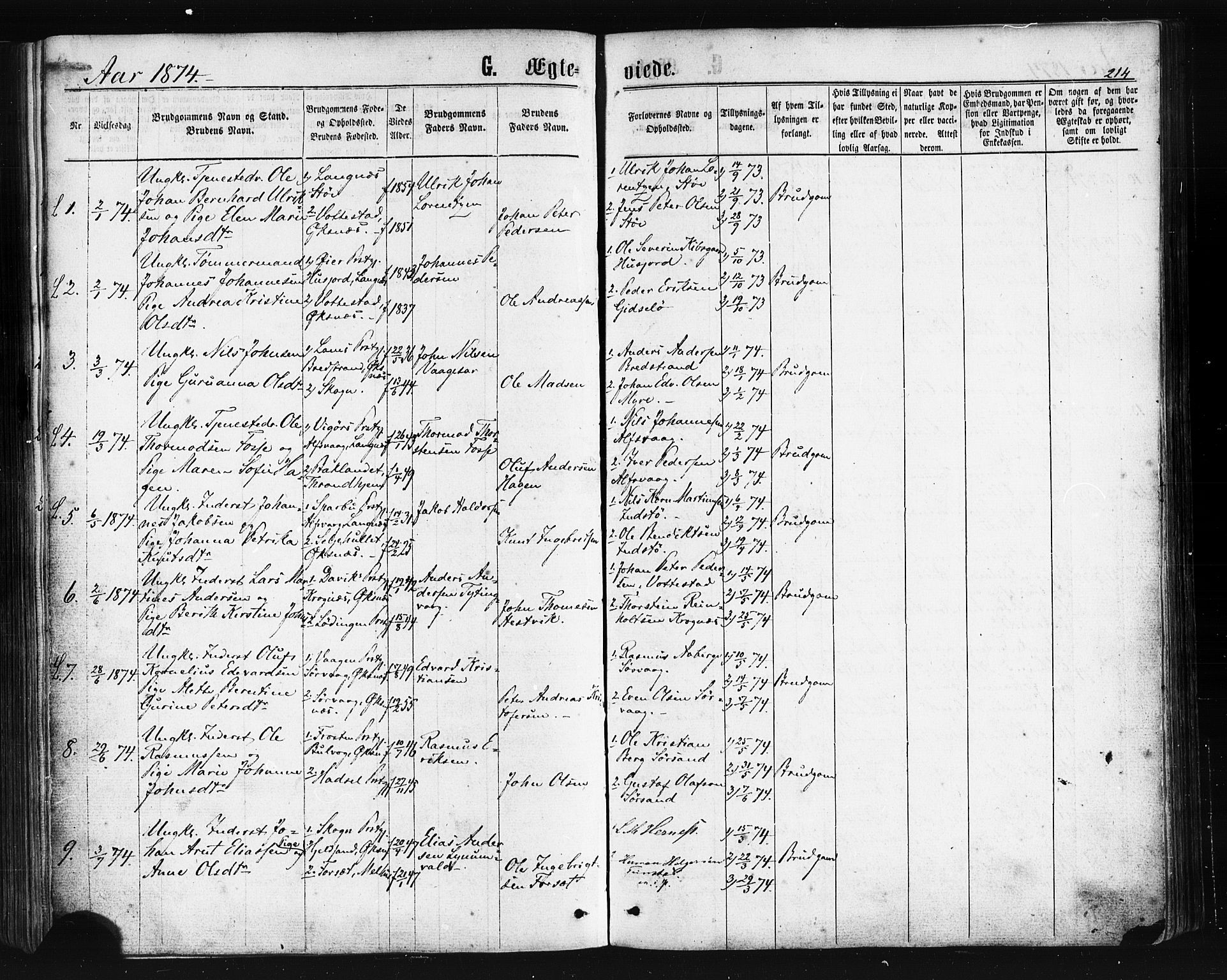 Ministerialprotokoller, klokkerbøker og fødselsregistre - Nordland, SAT/A-1459/893/L1334: Parish register (official) no. 893A07, 1867-1877, p. 214