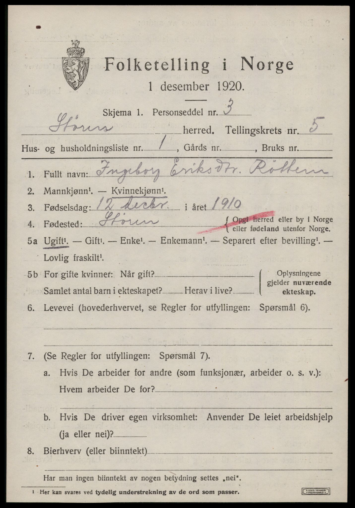 SAT, 1920 census for Støren, 1920, p. 3464