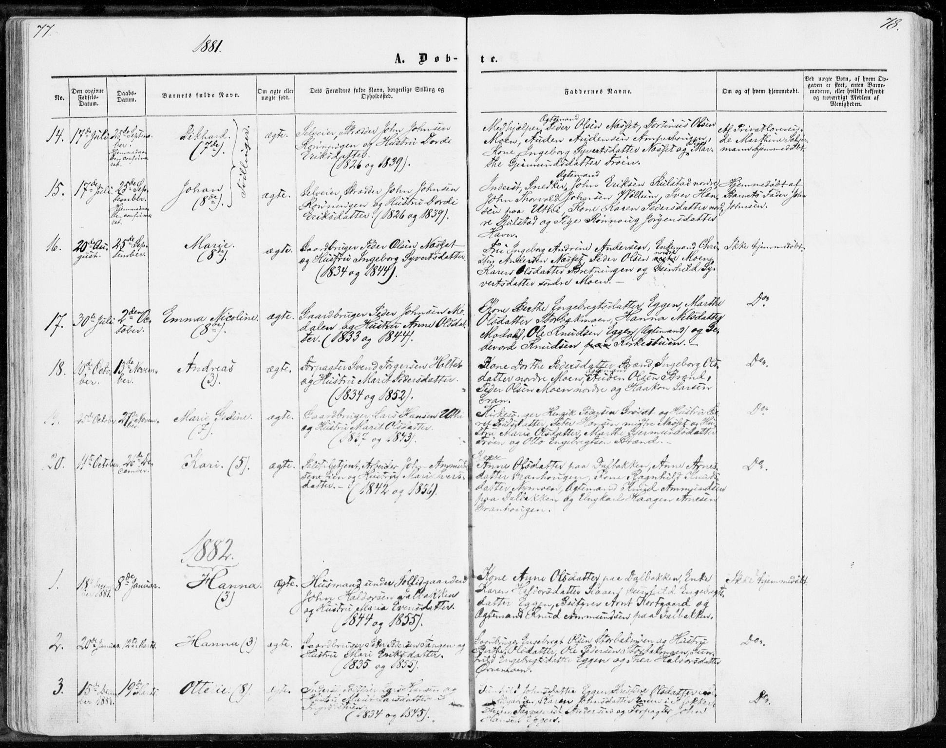 Sollia prestekontor, SAH/PREST-050/H/Ha/Haa/L0001: Parish register (official) no. 1, 1856-1885, p. 77-78