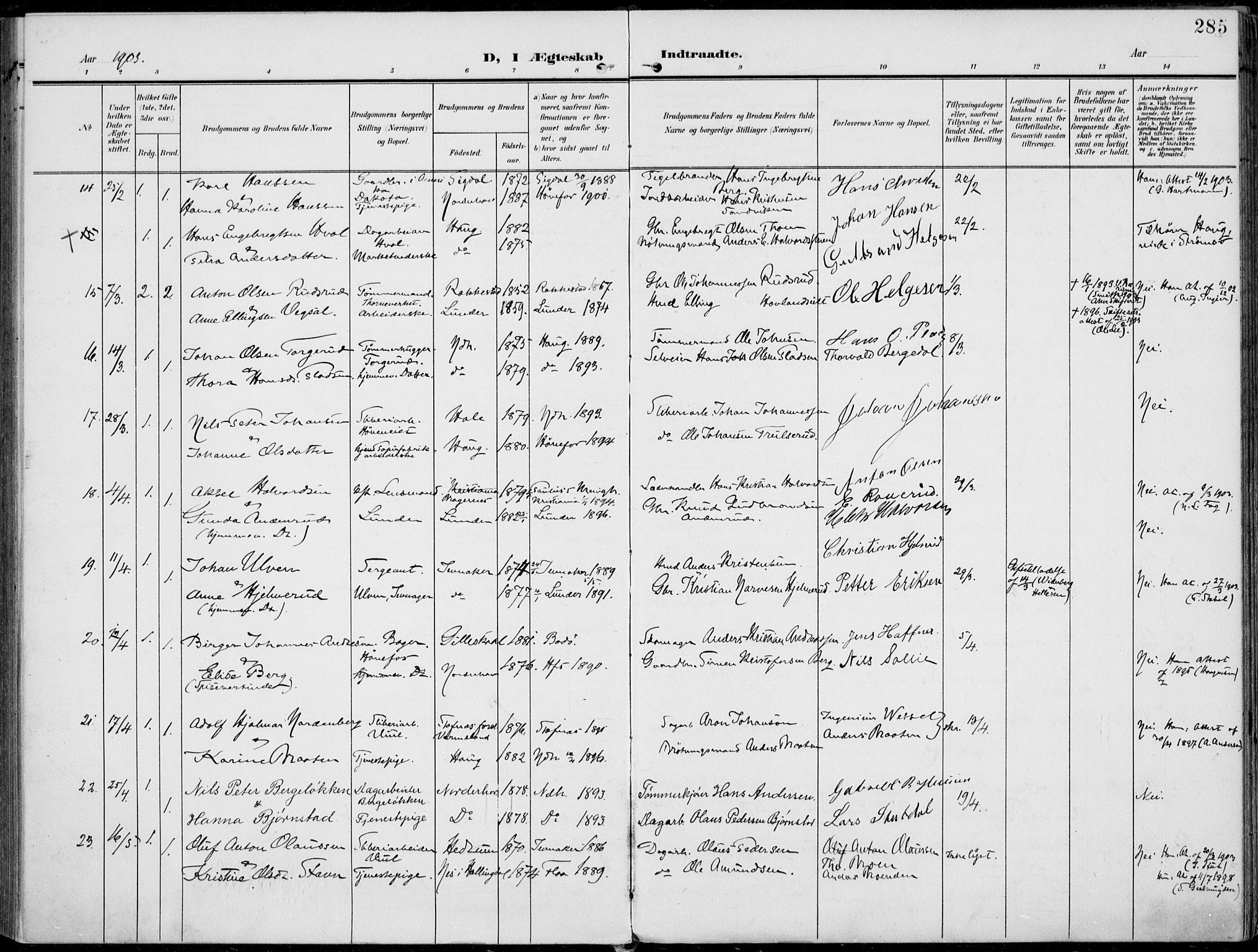 Norderhov kirkebøker, AV/SAKO-A-237/F/Fa/L0017: Parish register (official) no. 17, 1903-1919, p. 285