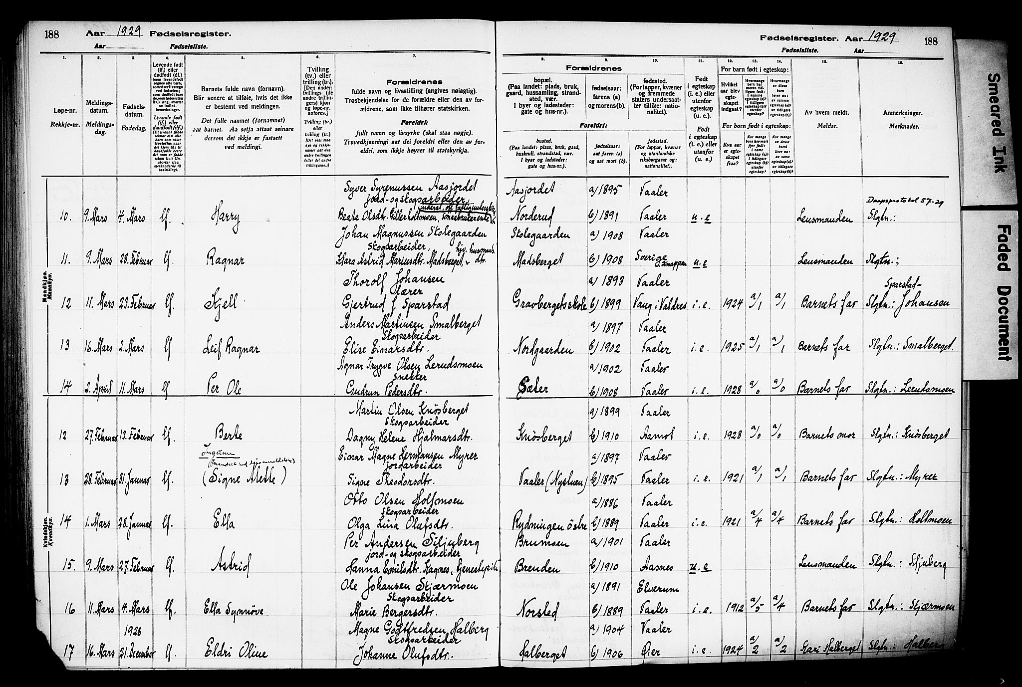 Våler prestekontor, Hedmark, AV/SAH-PREST-040/I/Id/L0001: Birth register no. 1, 1916-1930, p. 188