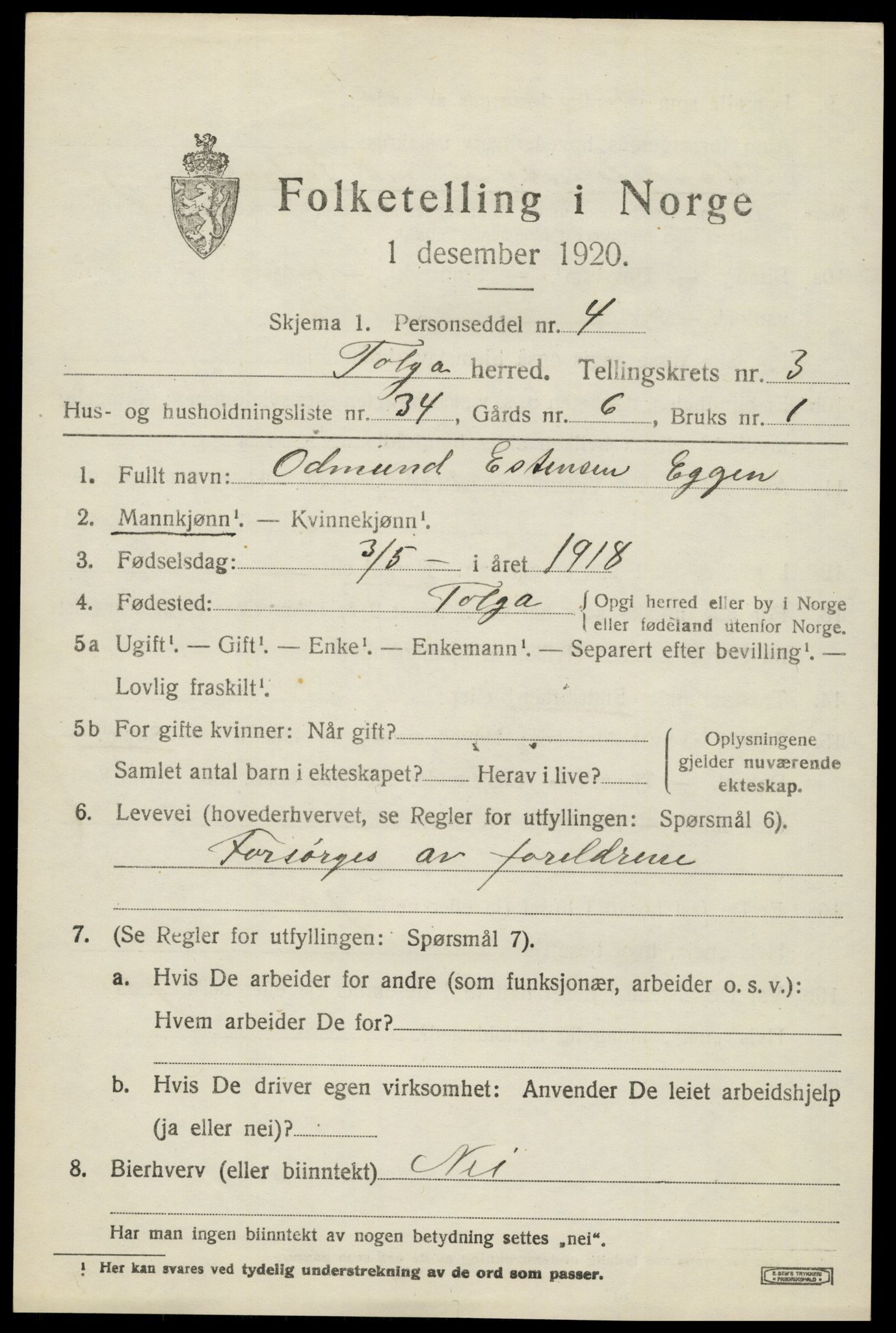 SAH, 1920 census for Tolga, 1920, p. 2585